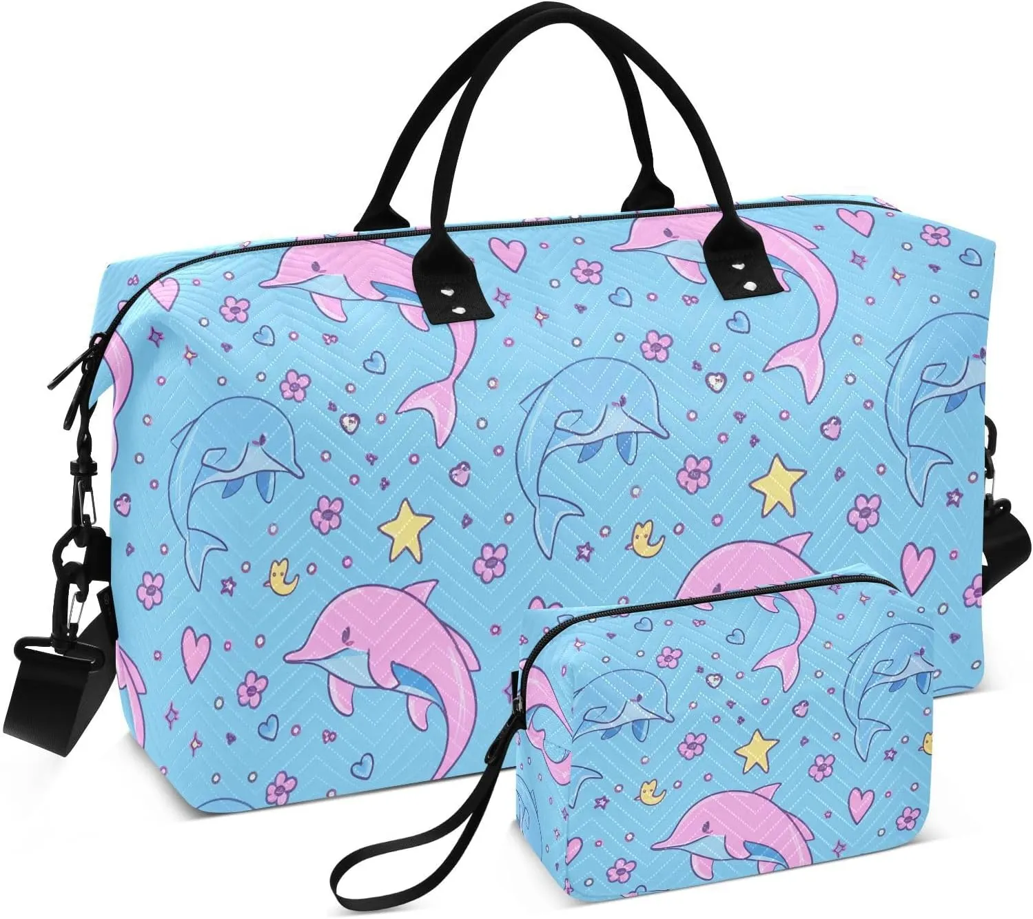 Dolphin Flower Star Heart Sports Gym Bag for Women Men Travel Duffel Bag Weekend Overnight Carry on Bag with Toiletry Bag Hospital Bag for Swimming Yoga Workout Plane Hospital