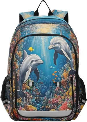 Dolphins and Colorful Coral Reefs Multi Compartment Student Backpack Reflective Stripes Travel Bag Casual Daypack School Bags for Boys Girls