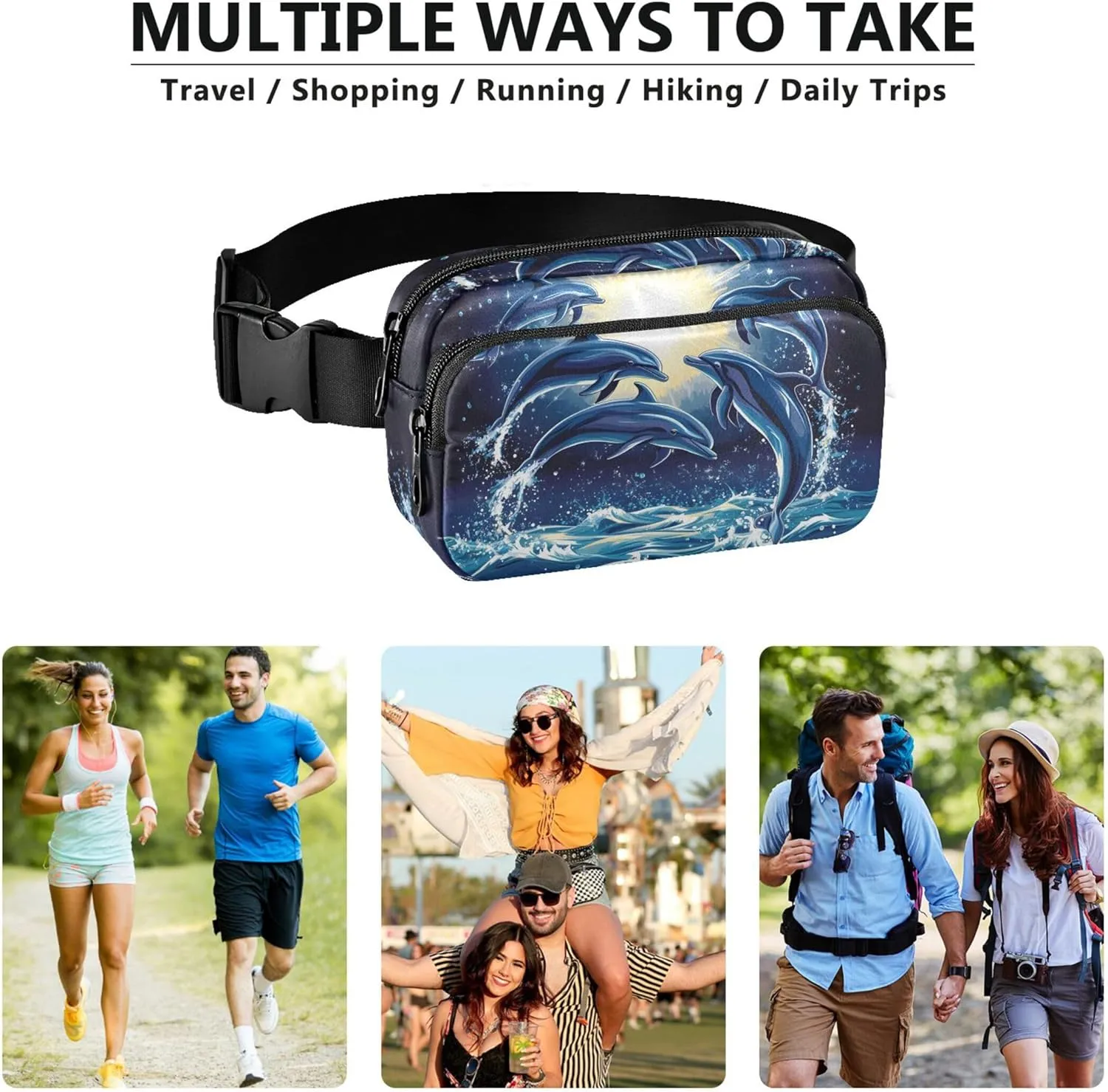 Dolphins Ocean Blue Women Fanny Pack Waterproof Hip Bag Belt Pouch Cute Cross Body Waist Purse