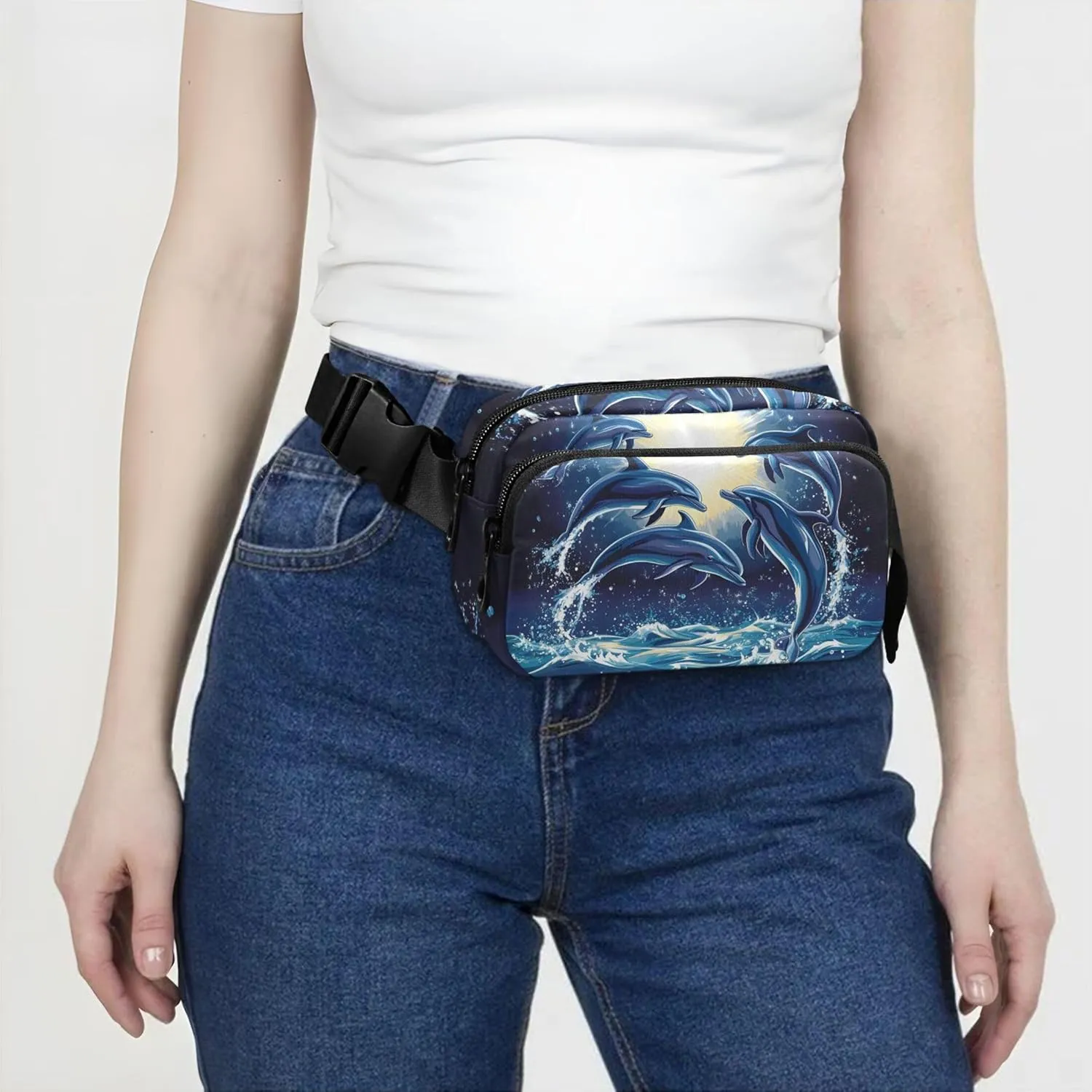 Dolphins Ocean Blue Women Fanny Pack Waterproof Hip Bag Belt Pouch Cute Cross Body Waist Purse