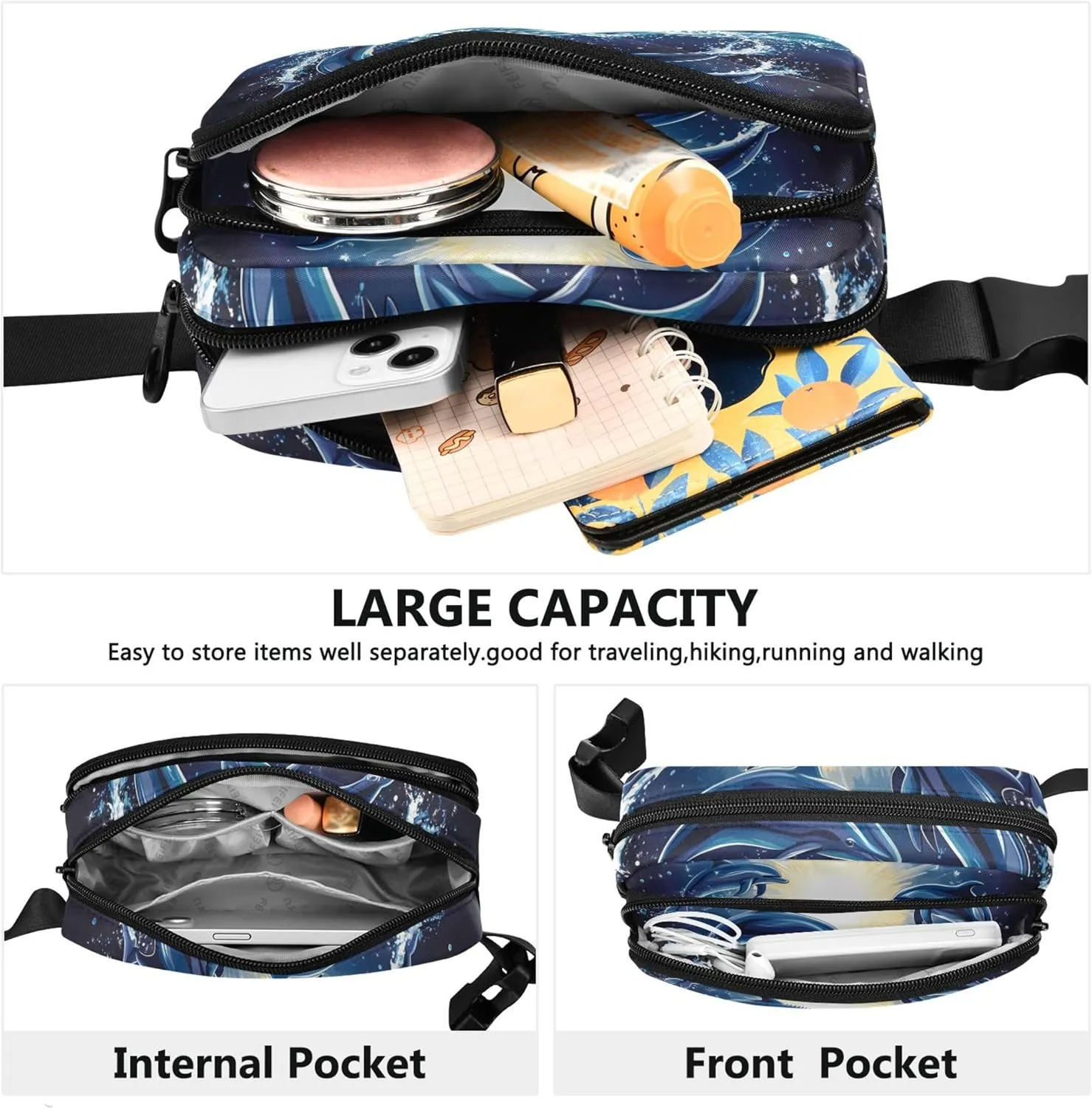 Dolphins Ocean Blue Women Fanny Pack Waterproof Hip Bag Belt Pouch Cute Cross Body Waist Purse