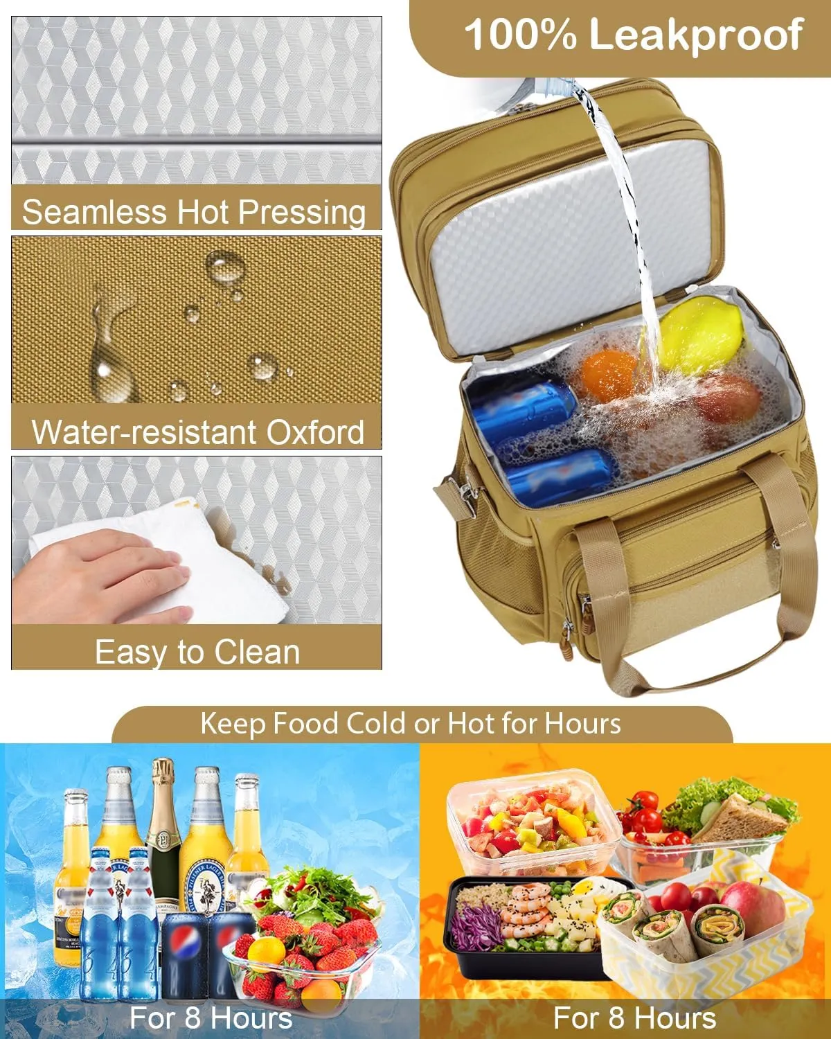 Double Deck Insulated Lunch Box, Expandable Large Lunch Bag Leakproof Cooler Bag Lunch Pail for Men Women Adults Work Shifts Travel Daytrip, Brown