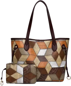 Downupdown Vintage Women Handbags and Purse Set Multicolor Patchwork Tote Bags Soft Leather Shoulder Bag Zipper Wallet 2 Pcs