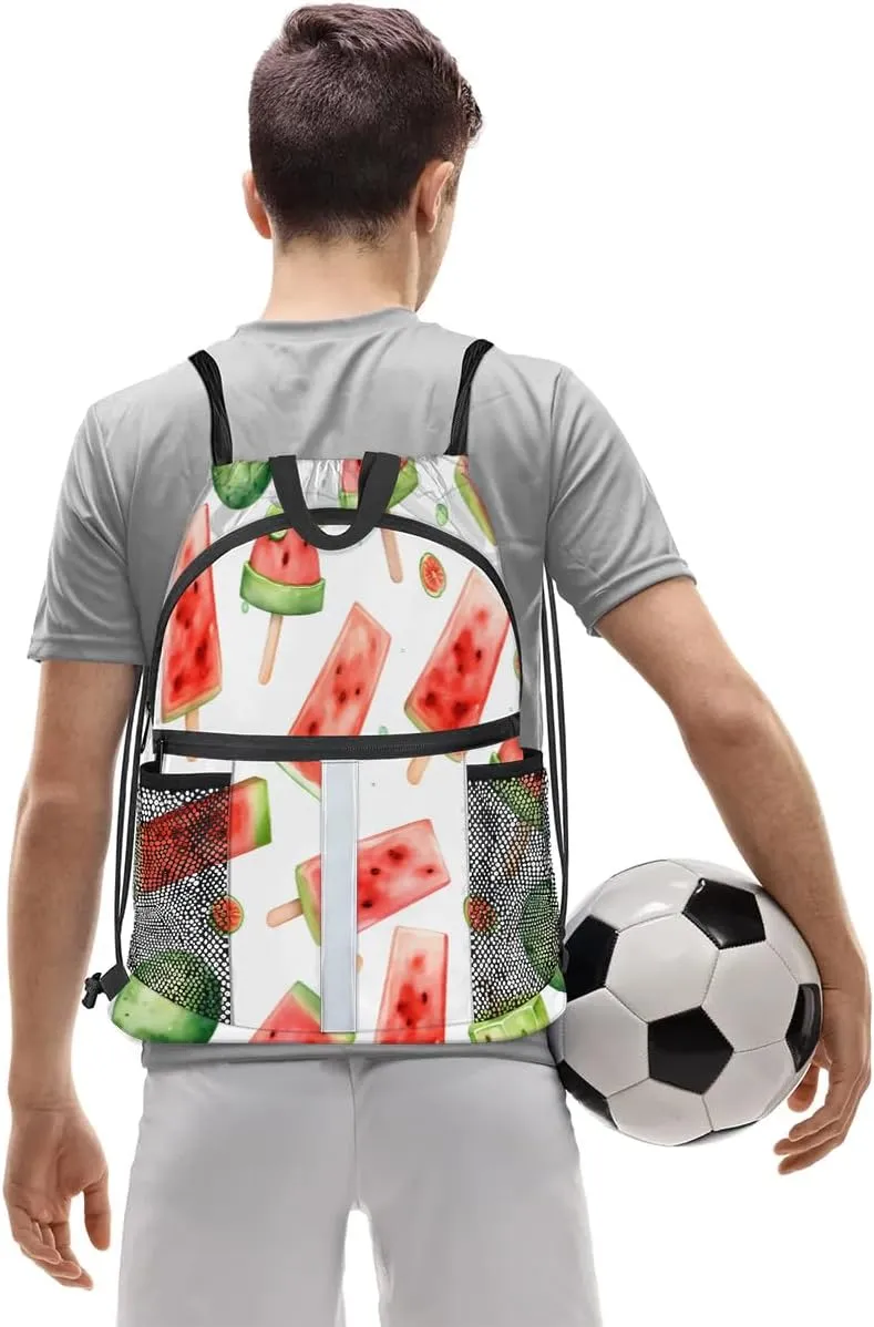 Drawstring Backpack for Men Women Cute Watermelon Gym Bag with Mesh Pockets Lightweight Draw String Back Bag for Sports Travel Beach Swim