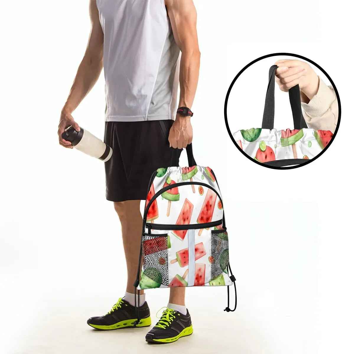 Drawstring Backpack for Men Women Cute Watermelon Gym Bag with Mesh Pockets Lightweight Draw String Back Bag for Sports Travel Beach Swim
