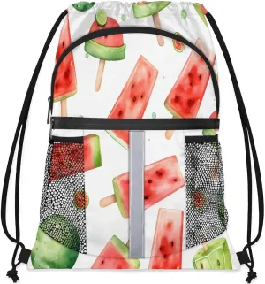 Drawstring Backpack for Men Women Cute Watermelon Gym Bag with Mesh Pockets Lightweight Draw String Back Bag for Sports Travel Beach Swim