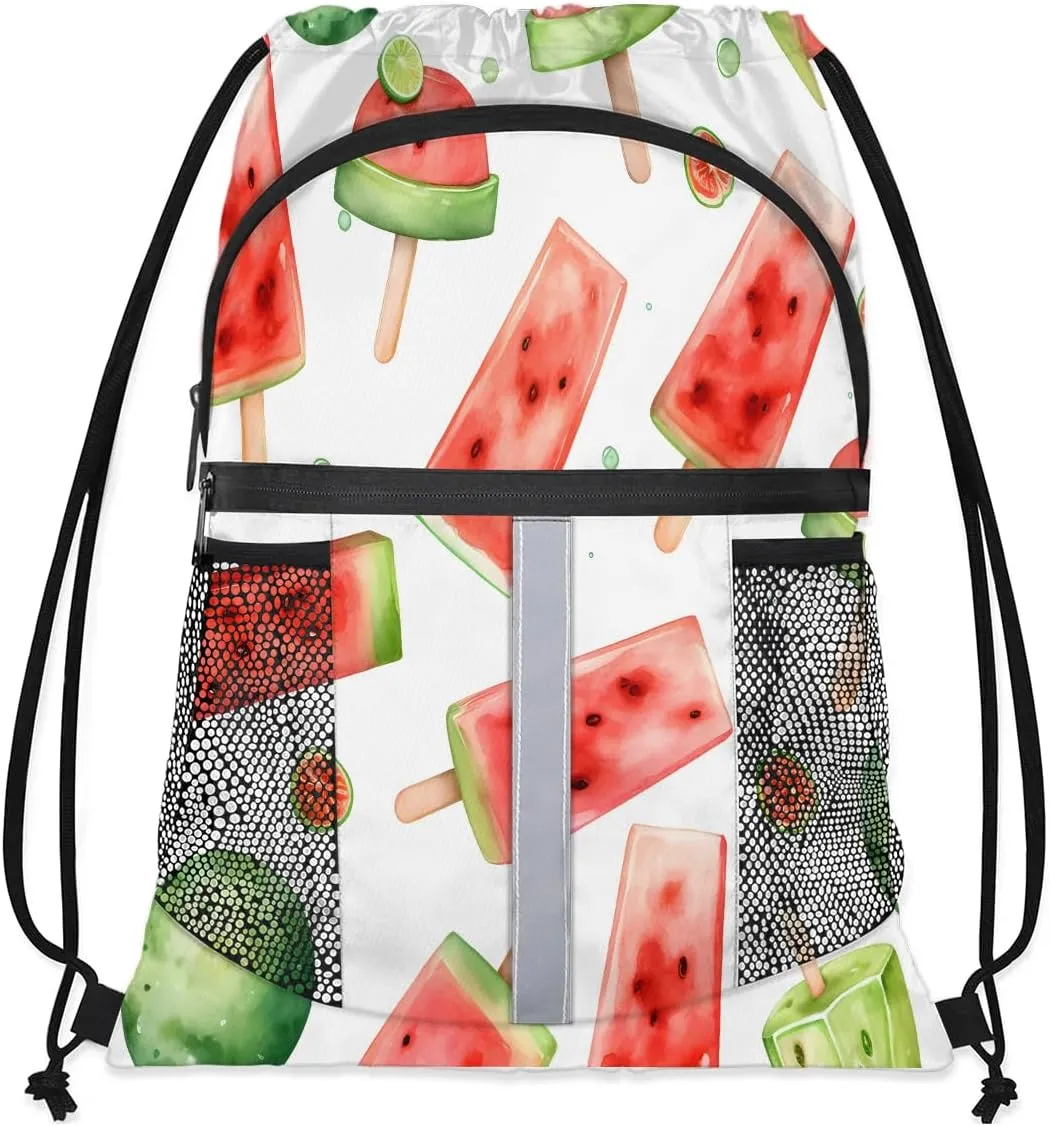 Drawstring Backpack for Men Women Cute Watermelon Gym Bag with Mesh Pockets Lightweight Draw String Back Bag for Sports Travel Beach Swim