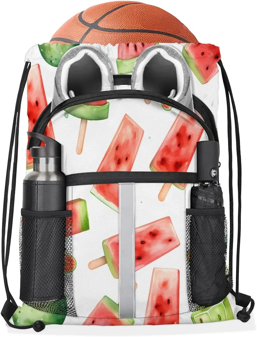 Drawstring Backpack for Men Women Cute Watermelon Gym Bag with Mesh Pockets Lightweight Draw String Back Bag for Sports Travel Beach Swim