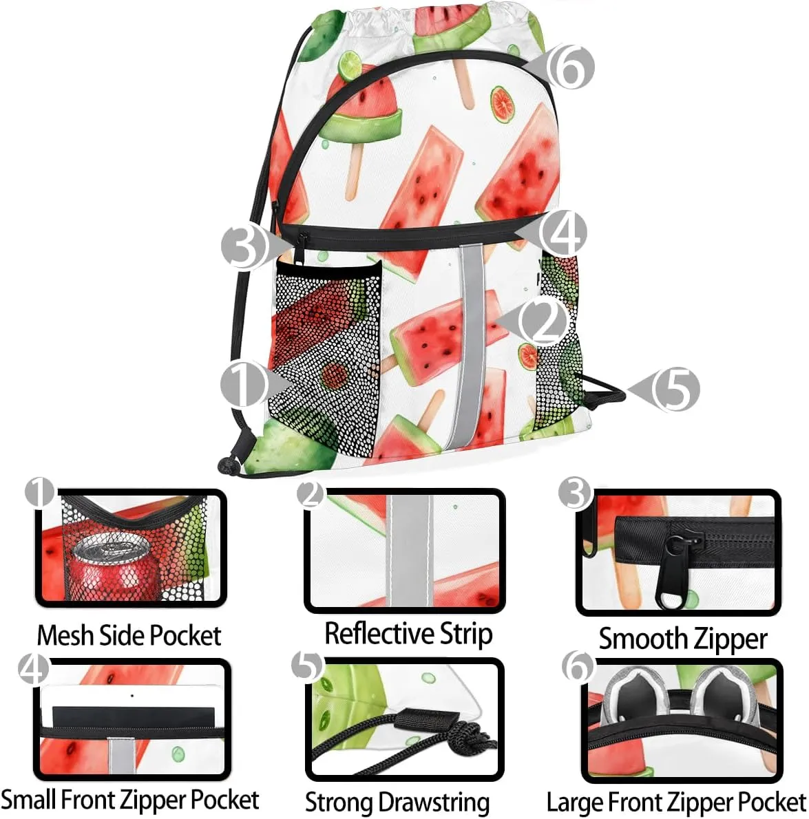 Drawstring Backpack for Men Women Cute Watermelon Gym Bag with Mesh Pockets Lightweight Draw String Back Bag for Sports Travel Beach Swim