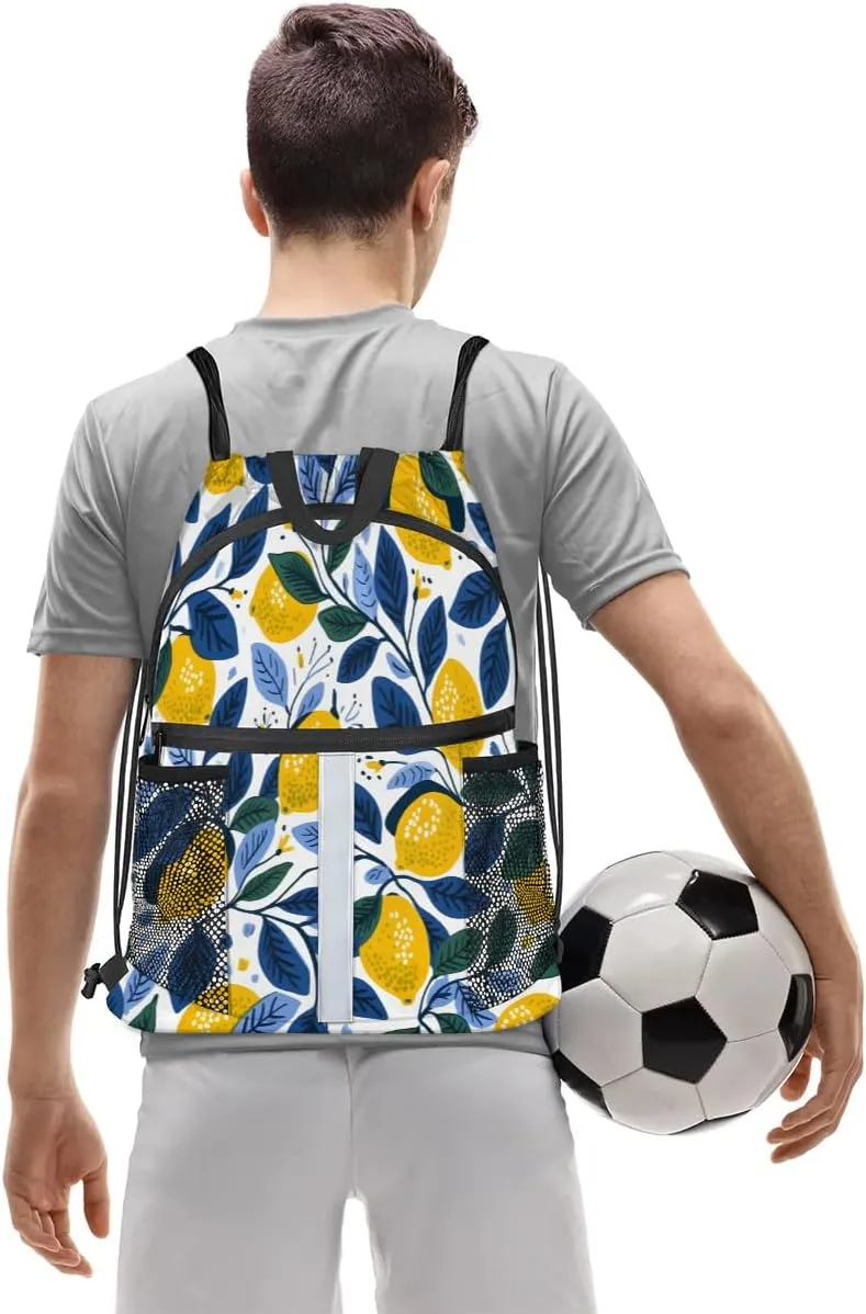 Drawstring Backpack for Men Women Lemon Pattern Gym Bag with Mesh Pockets Lightweight Draw String Back Bag for Sports Travel Beach Swim