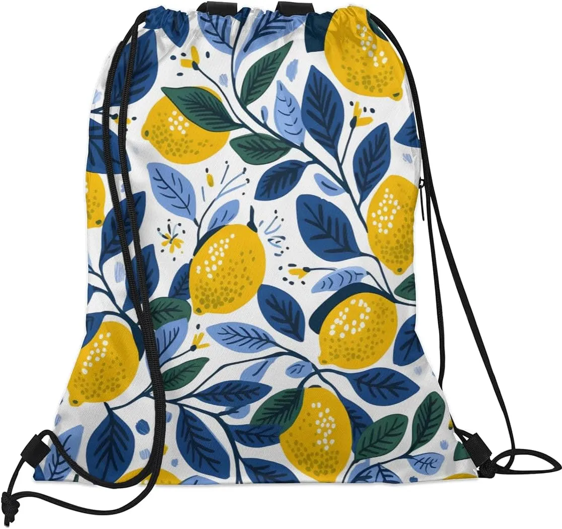Drawstring Backpack for Men Women Lemon Pattern Gym Bag with Mesh Pockets Lightweight Draw String Back Bag for Sports Travel Beach Swim
