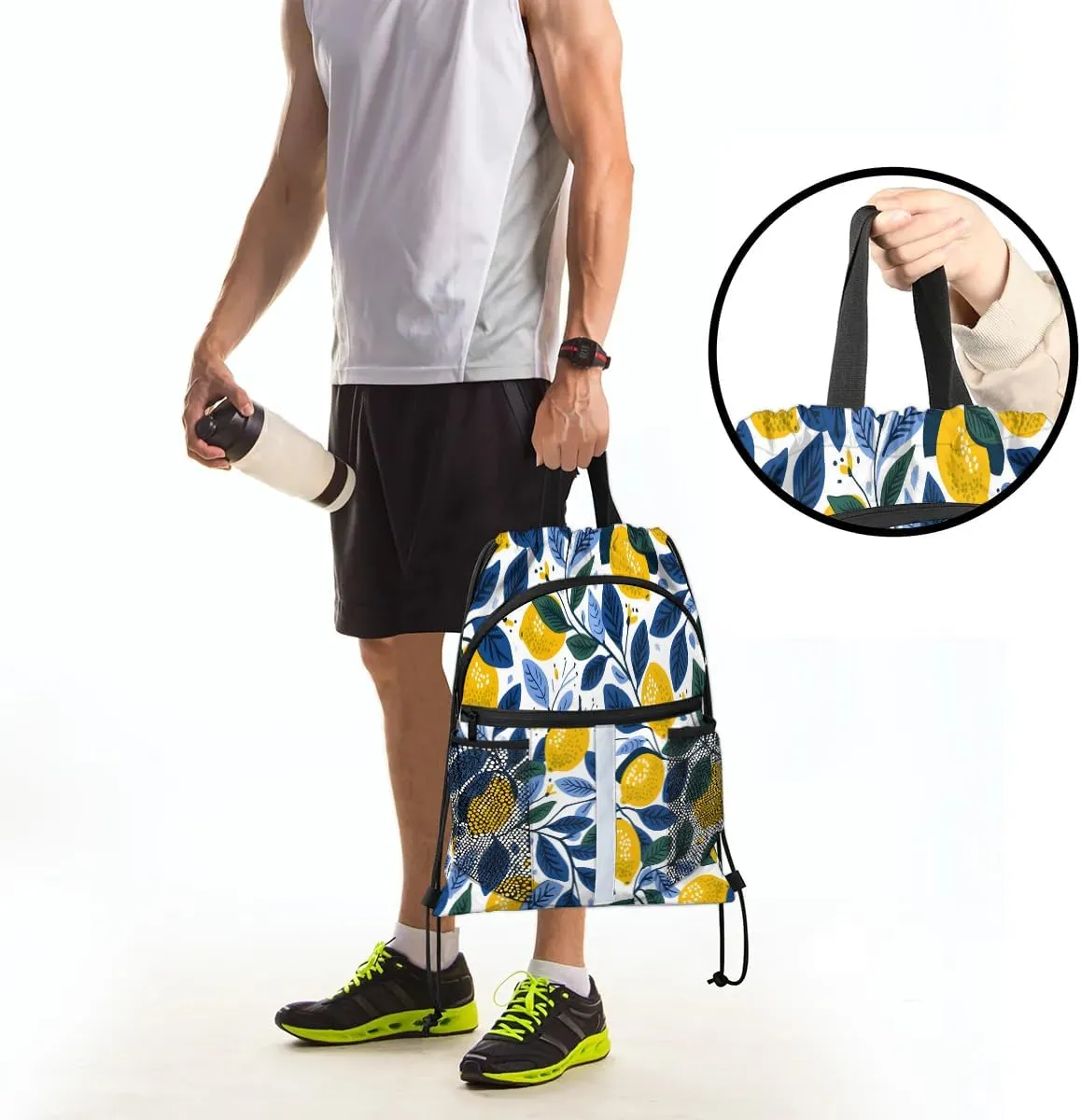 Drawstring Backpack for Men Women Lemon Pattern Gym Bag with Mesh Pockets Lightweight Draw String Back Bag for Sports Travel Beach Swim
