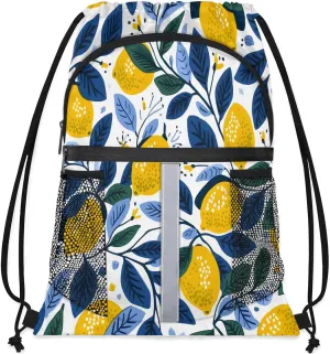 Drawstring Backpack for Men Women Lemon Pattern Gym Bag with Mesh Pockets Lightweight Draw String Back Bag for Sports Travel Beach Swim