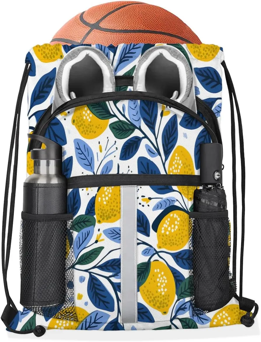 Drawstring Backpack for Men Women Lemon Pattern Gym Bag with Mesh Pockets Lightweight Draw String Back Bag for Sports Travel Beach Swim