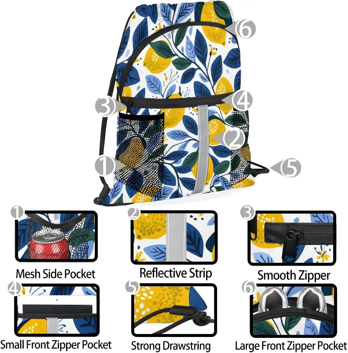 Drawstring Backpack for Men Women Lemon Pattern Gym Bag with Mesh Pockets Lightweight Draw String Back Bag for Sports Travel Beach Swim