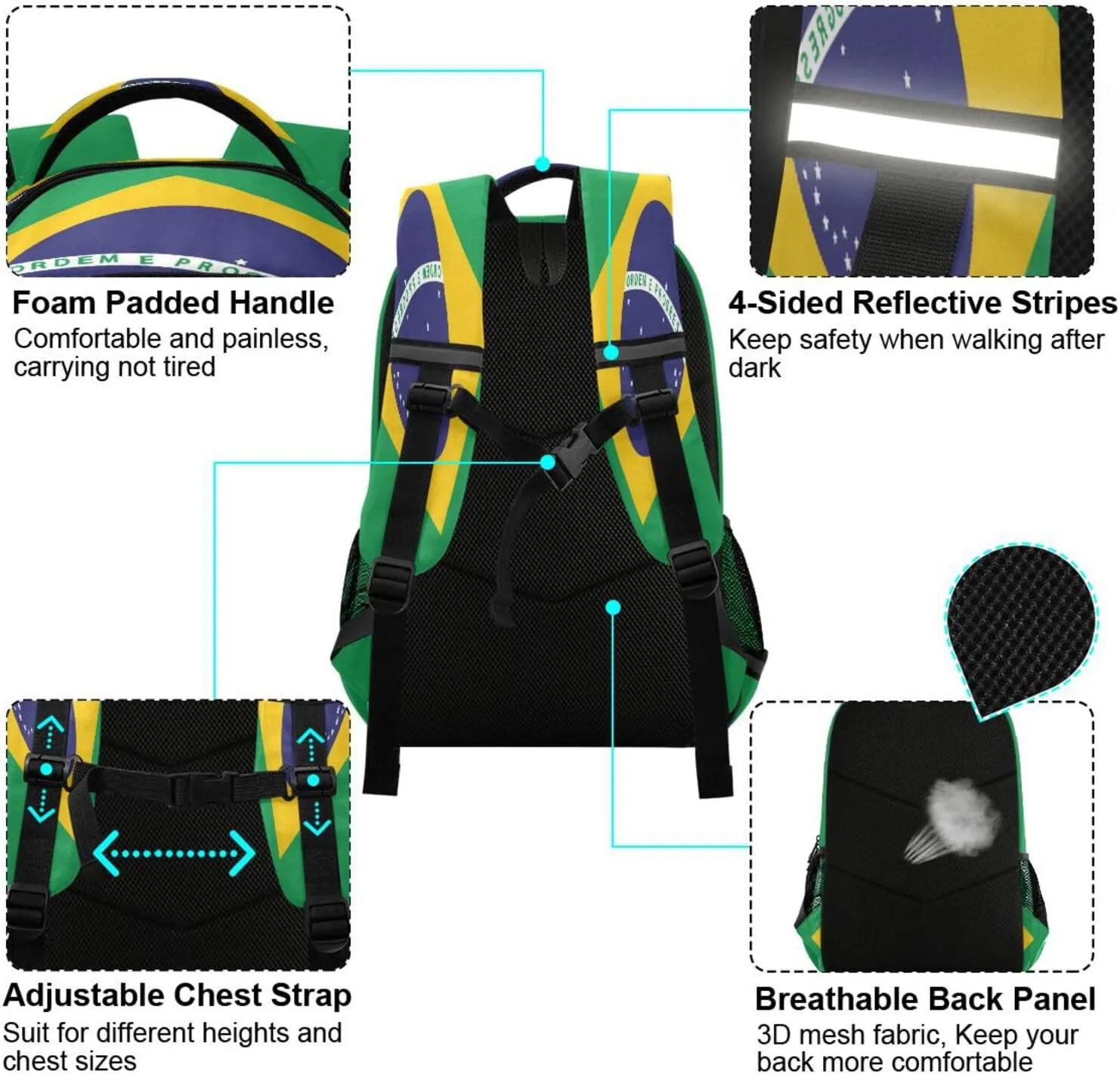 Dussdil Brazilian Flag Kid's Backpack Backpacks for Boys Girls, 16 inch Casual Daypack Back Pack Laptop Bag Double Zipper Travel Bags with Adjustable Shoulder Strap