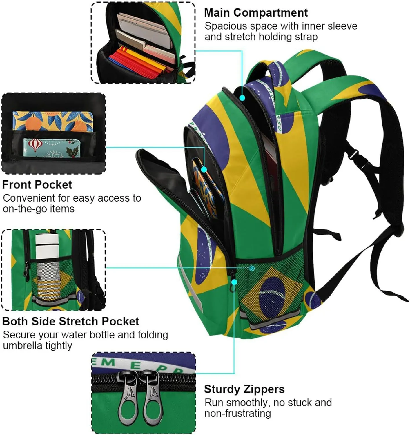 Dussdil Brazilian Flag Kid's Backpack Backpacks for Boys Girls, 16 inch Casual Daypack Back Pack Laptop Bag Double Zipper Travel Bags with Adjustable Shoulder Strap