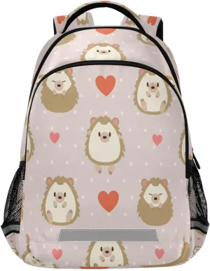 Dussdil Cute Hedgehog Pink Hears Kid's Backpack Backpacks for Boys Girls, 16 inch Casual Daypack Back Pack Laptop Bag Double Zipper Travel Bags with Adjustable Shoulder Strap