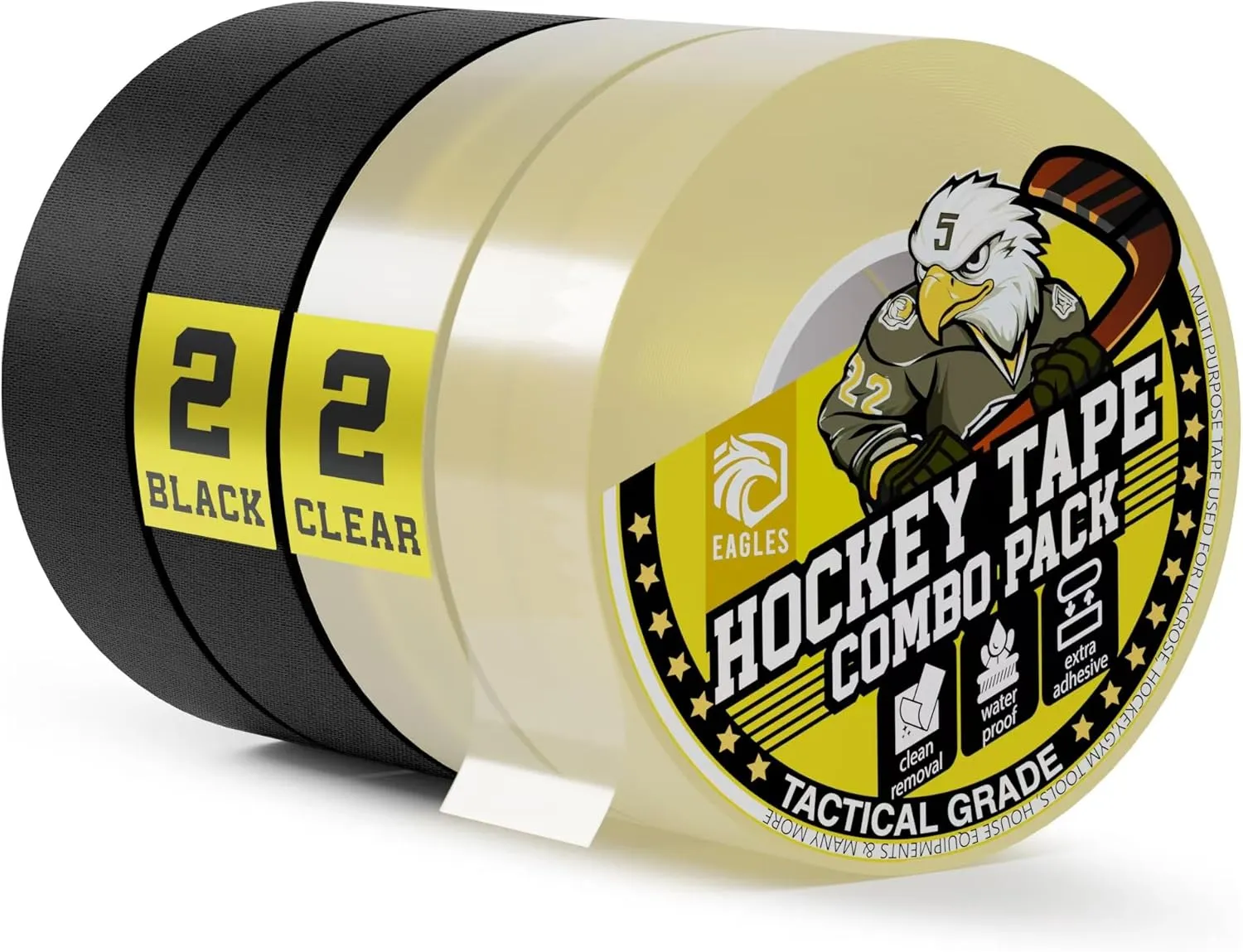 EAGLES 4 Pack Hockey Tape Black, White or Clear Multipurpose Durable Cloth or PVC Tape Roll - Strong Adhesive - Hokey Sports Gifts, Accessories, Equipment, Gear