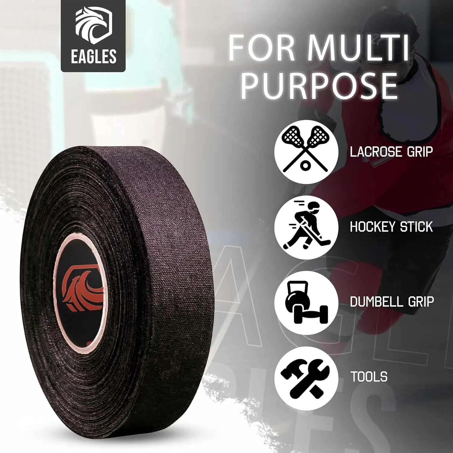 EAGLES 4 Pack Hockey Tape Black, White or Clear Multipurpose Durable Cloth or PVC Tape Roll - Strong Adhesive - Hokey Sports Gifts, Accessories, Equipment, Gear