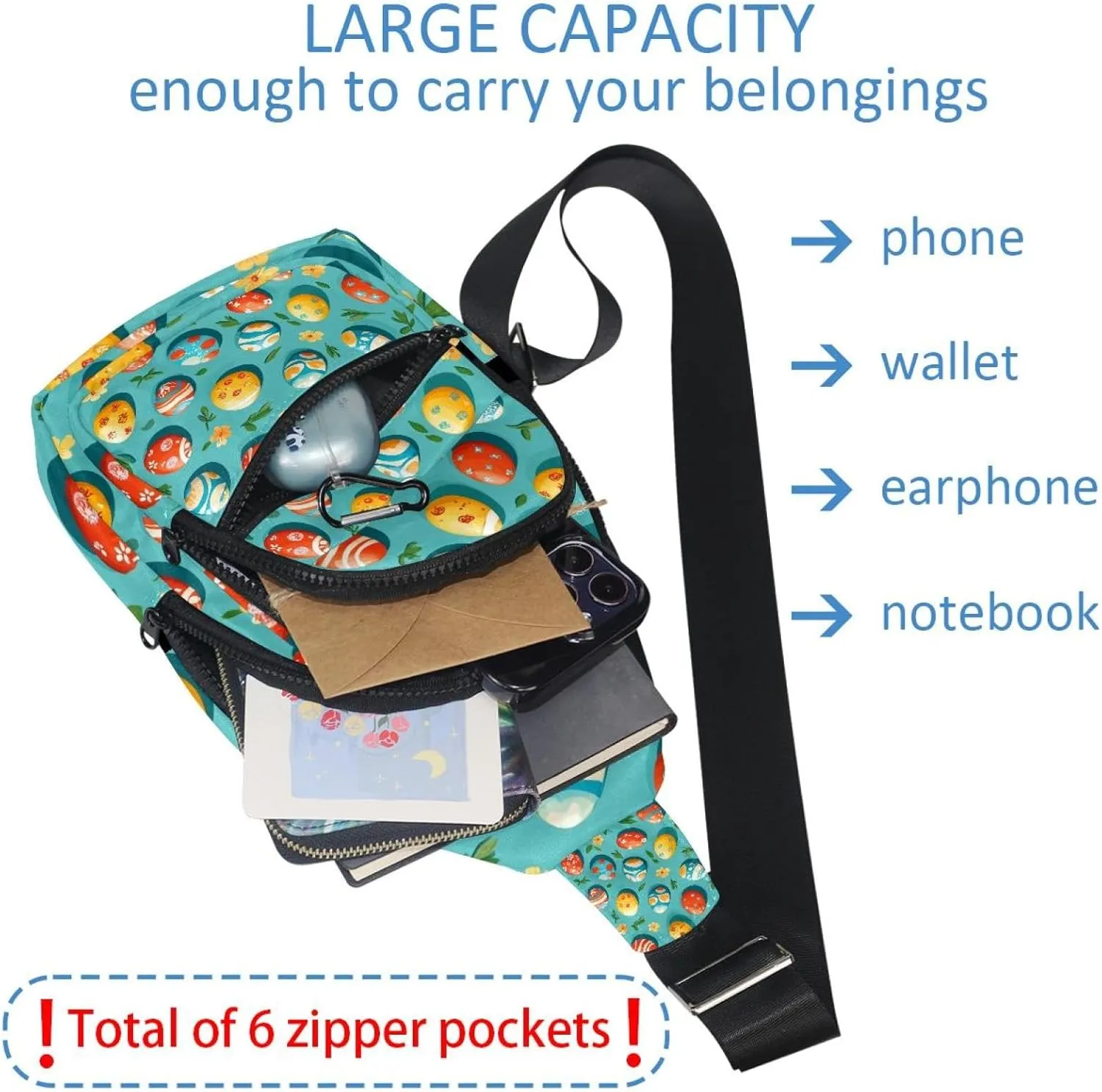 Easter Painted Eggs Crossbody Bag with Adjustable Shoulder Strap, Shoulder Bag for Men and Women Sling Backpack for Travel, Cycling, Work, Sport
