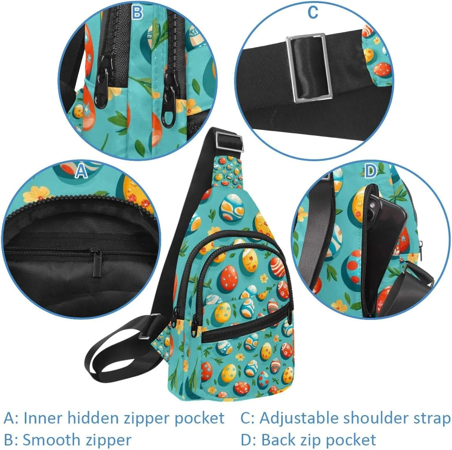 Easter Painted Eggs Crossbody Bag with Adjustable Shoulder Strap, Shoulder Bag for Men and Women Sling Backpack for Travel, Cycling, Work, Sport