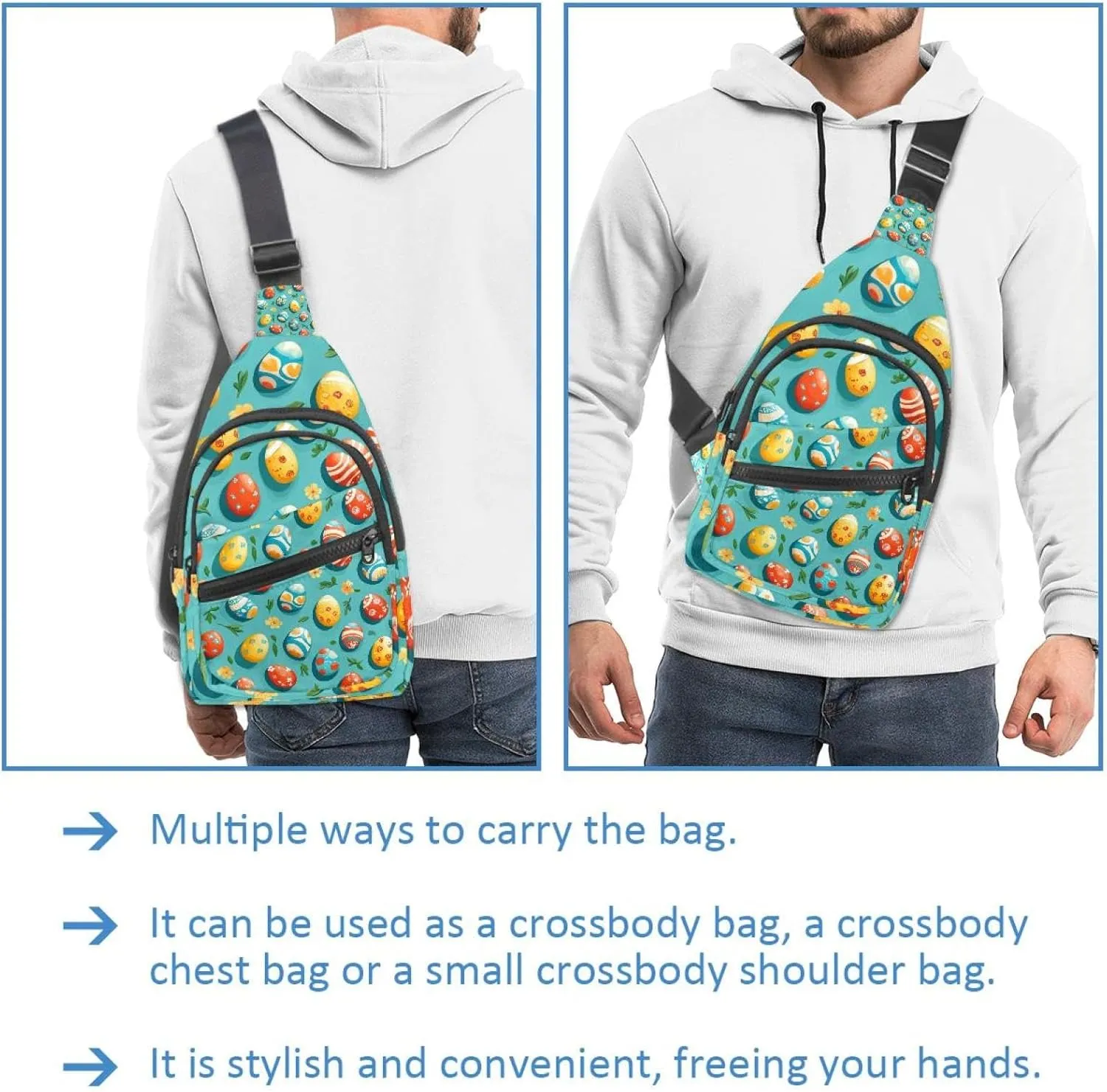 Easter Painted Eggs Crossbody Bag with Adjustable Shoulder Strap, Shoulder Bag for Men and Women Sling Backpack for Travel, Cycling, Work, Sport