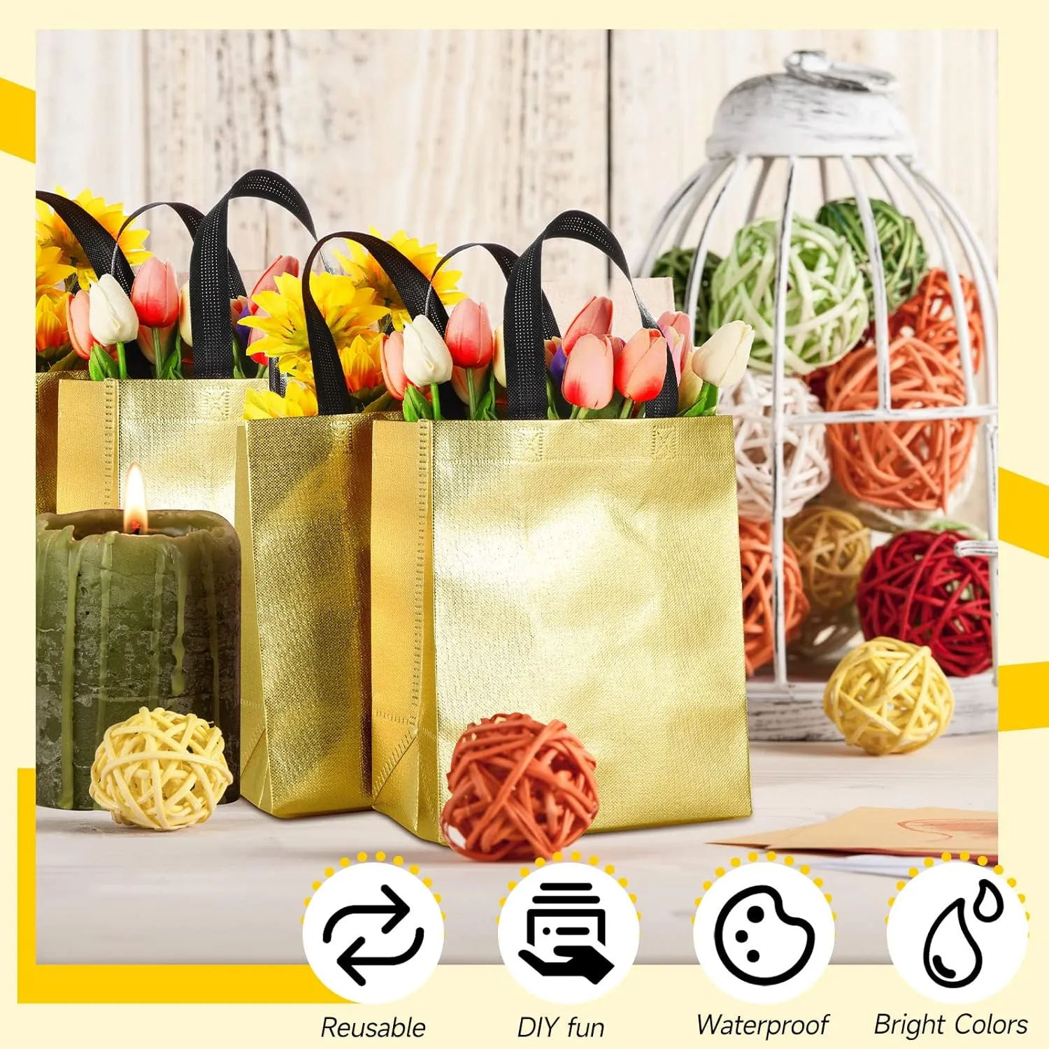 Eccliy 80 Pieces Gift Bags Set Glossy Reusable Tote with Handles Grocery Bags Bulk for Wedding, Bachelorette Party, Christmas(Medium,Gold with Black Handles)