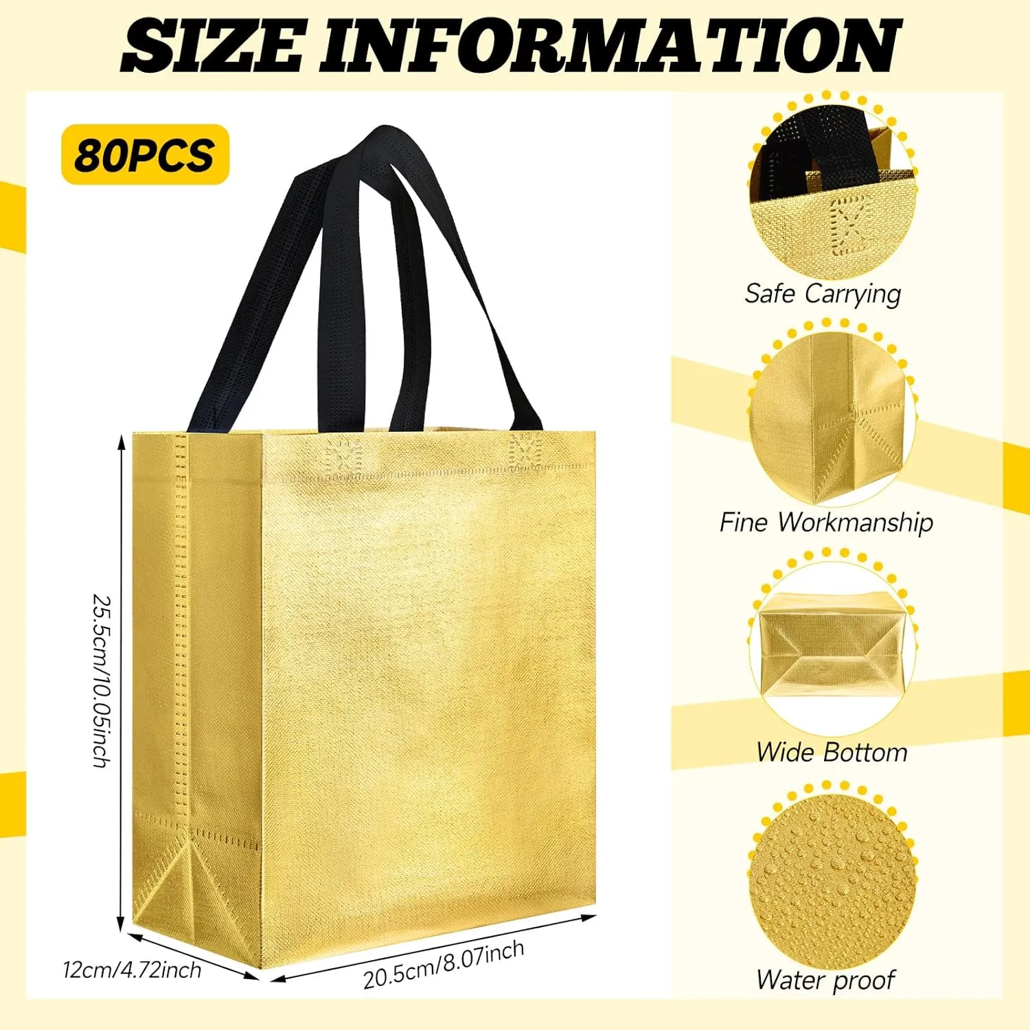 Eccliy 80 Pieces Gift Bags Set Glossy Reusable Tote with Handles Grocery Bags Bulk for Wedding, Bachelorette Party, Christmas(Medium,Gold with Black Handles)