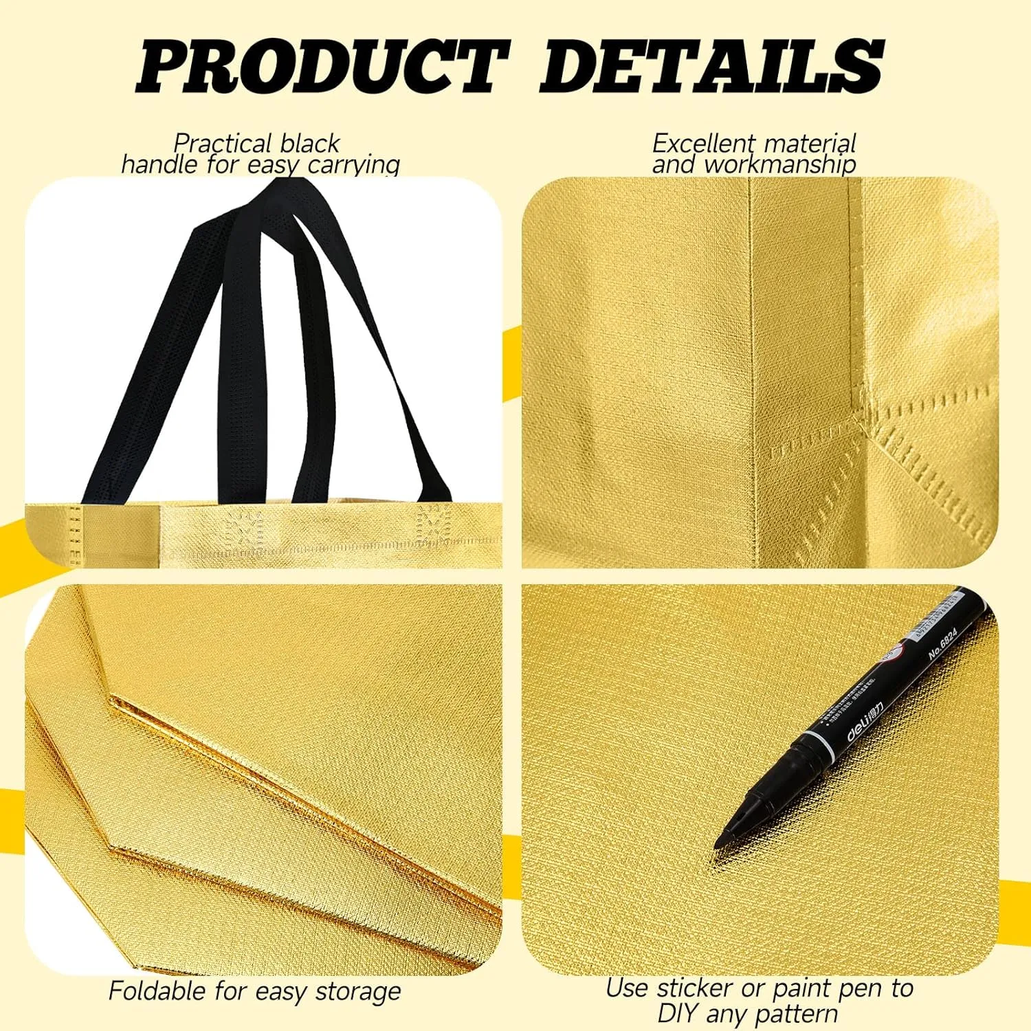 Eccliy 80 Pieces Gift Bags Set Glossy Reusable Tote with Handles Grocery Bags Bulk for Wedding, Bachelorette Party, Christmas(Medium,Gold with Black Handles)