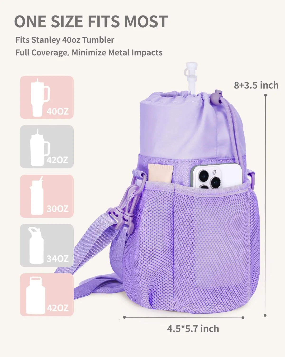 ECOHUB Water Bottle Holder with Strap, Full Coverage Stanley Cup 40/30 oz Tumbler, Insulated Water Bottle Carrier Bag with Back Safety Pocket, Crossbody Sling with Handle for Walking, Patent Pending