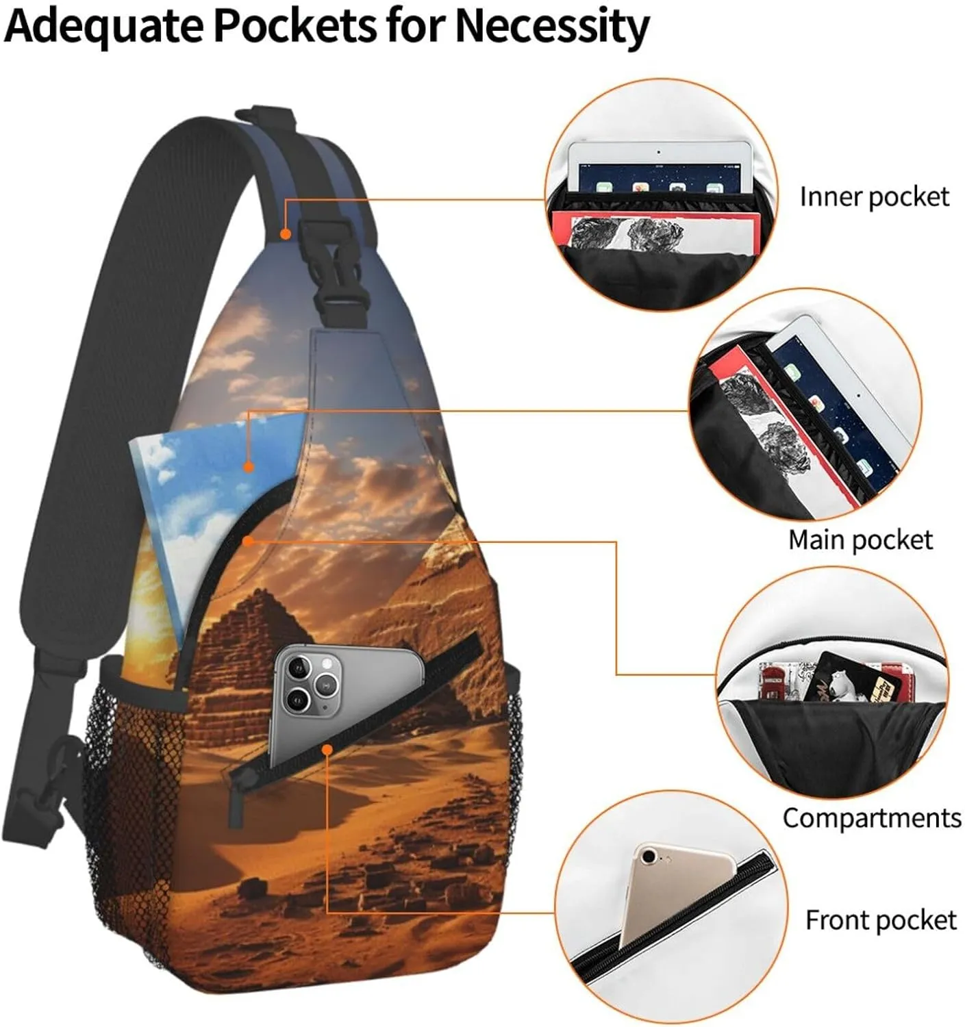Egyptian Pyramids Sling Bag Backpack For Men Cross Chest Bag Crossbody Shoulder Bag Travel Hiking Daypack