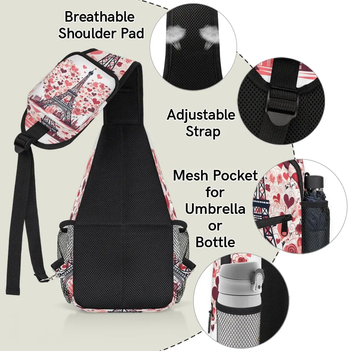Eiffel Tower Love Rose Sling Backpack for Women Men Waterproof Antitheft Chest Bag Lightweight Travel Crossbody Shoulder Bag for Shopping Outdoor Leisure Sports Mountaineering Riding