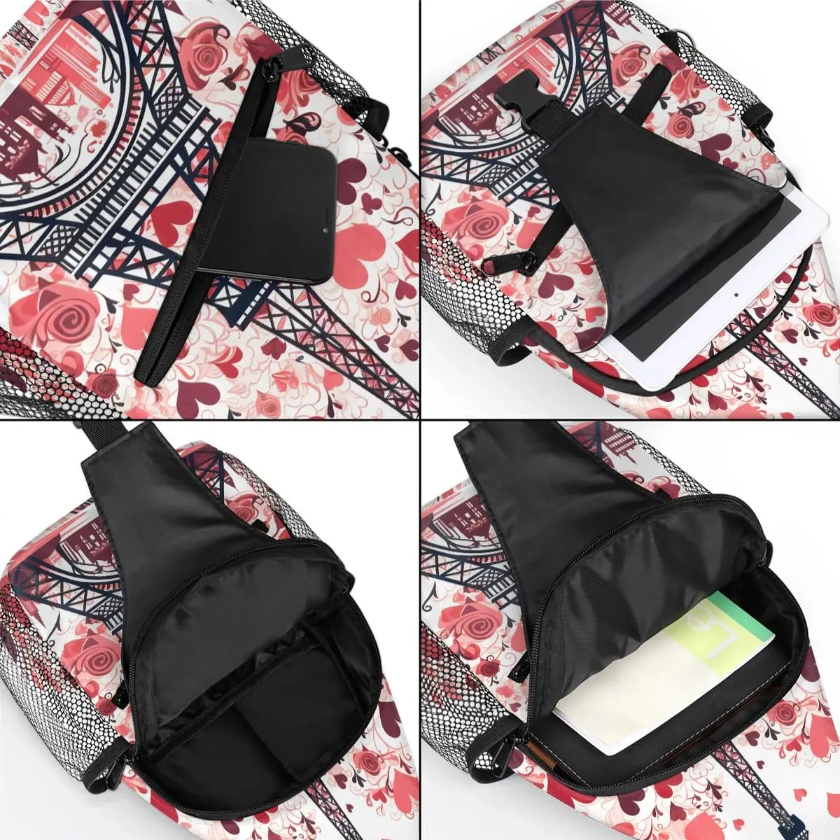 Eiffel Tower Love Rose Sling Backpack for Women Men Waterproof Antitheft Chest Bag Lightweight Travel Crossbody Shoulder Bag for Shopping Outdoor Leisure Sports Mountaineering Riding