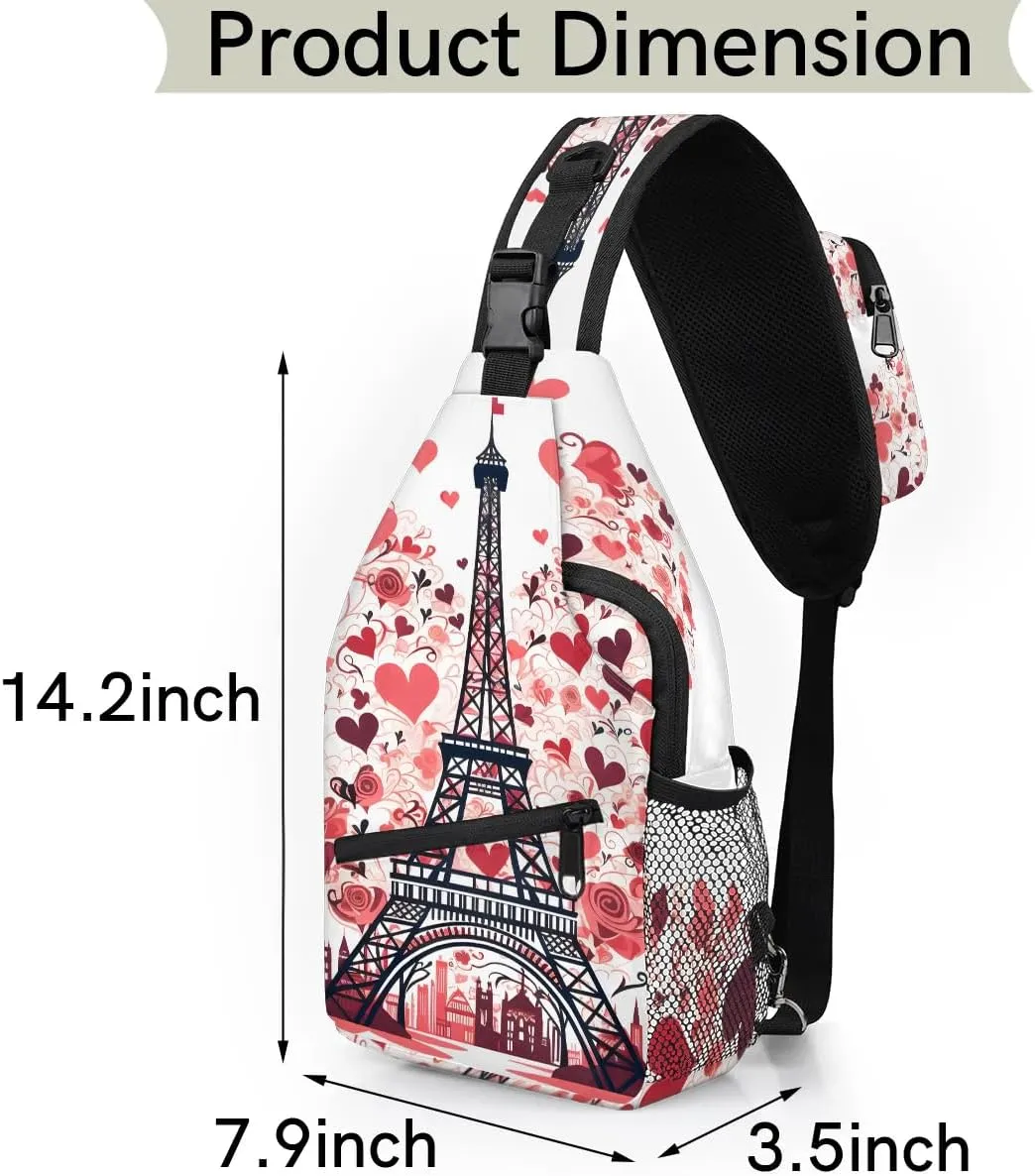 Eiffel Tower Love Rose Sling Backpack for Women Men Waterproof Antitheft Chest Bag Lightweight Travel Crossbody Shoulder Bag for Shopping Outdoor Leisure Sports Mountaineering Riding
