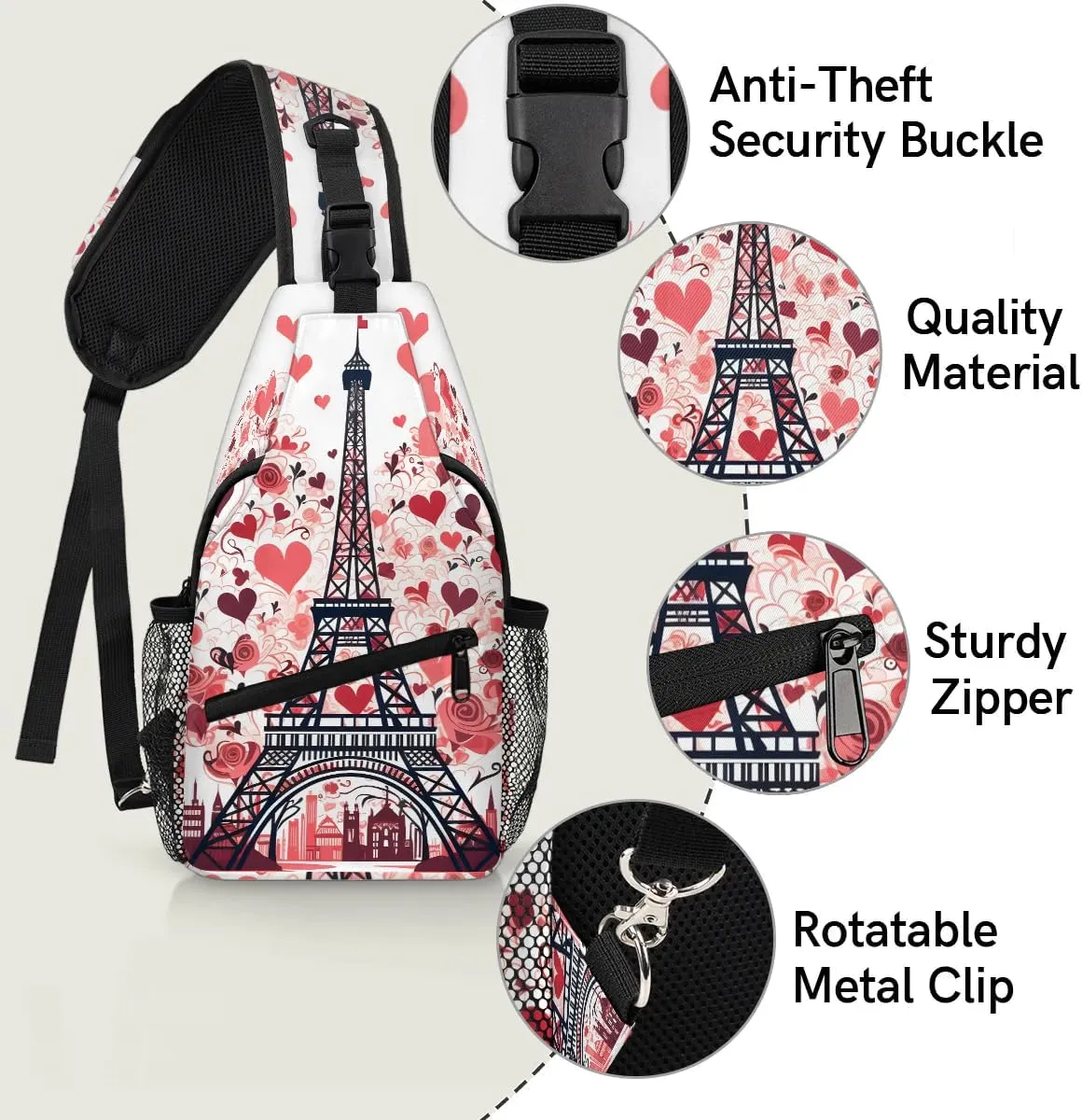 Eiffel Tower Love Rose Sling Backpack for Women Men Waterproof Antitheft Chest Bag Lightweight Travel Crossbody Shoulder Bag for Shopping Outdoor Leisure Sports Mountaineering Riding