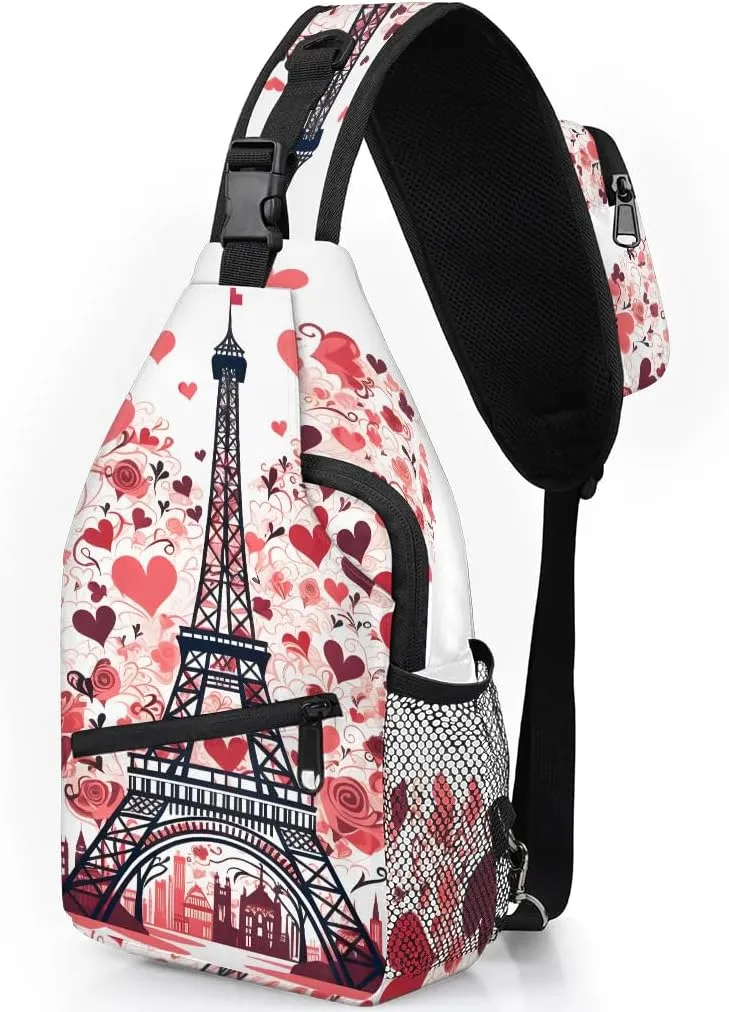 Eiffel Tower Love Rose Sling Backpack for Women Men Waterproof Antitheft Chest Bag Lightweight Travel Crossbody Shoulder Bag for Shopping Outdoor Leisure Sports Mountaineering Riding