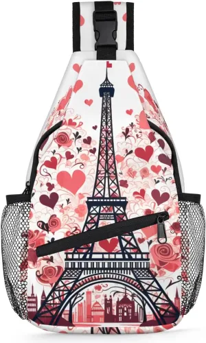 Eiffel Tower Love Rose Sling Backpack for Women Men Waterproof Antitheft Chest Bag Lightweight Travel Crossbody Shoulder Bag for Shopping Outdoor Leisure Sports Mountaineering Riding