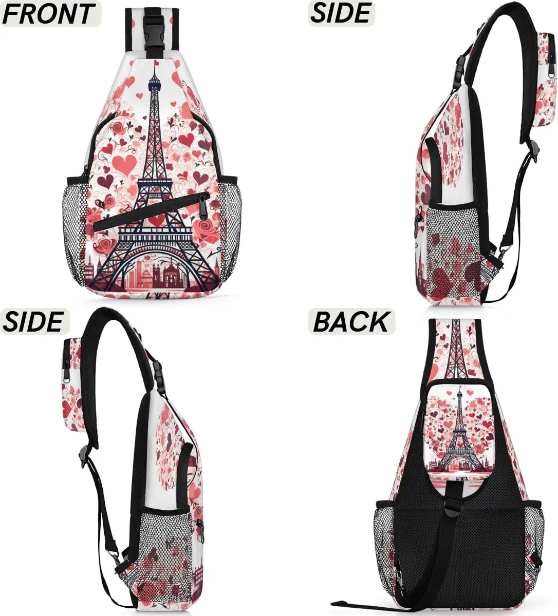 Eiffel Tower Love Rose Sling Backpack for Women Men Waterproof Antitheft Chest Bag Lightweight Travel Crossbody Shoulder Bag for Shopping Outdoor Leisure Sports Mountaineering Riding