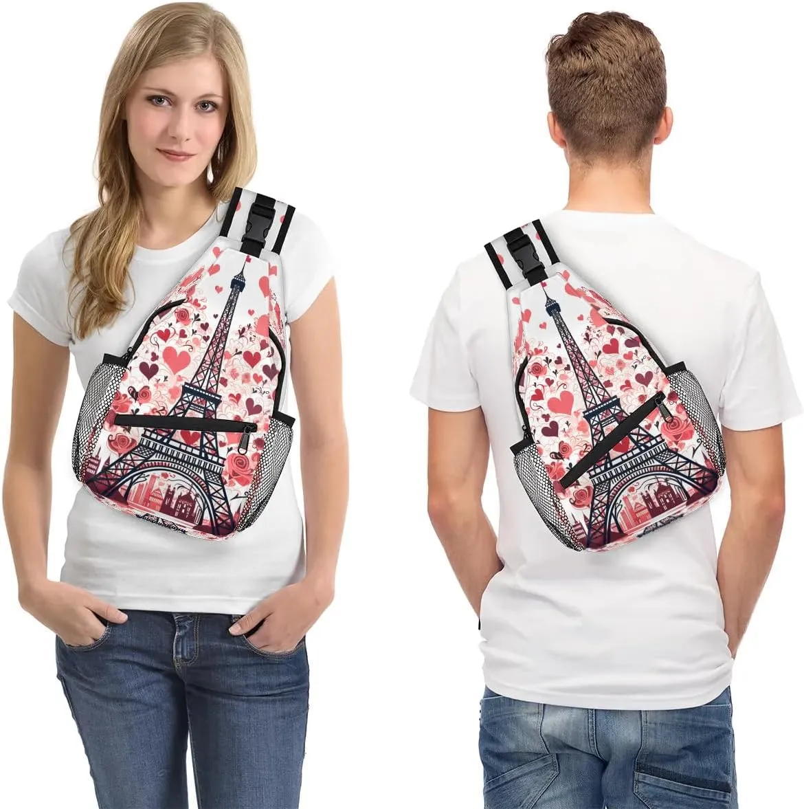 Eiffel Tower Love Rose Sling Backpack for Women Men Waterproof Antitheft Chest Bag Lightweight Travel Crossbody Shoulder Bag for Shopping Outdoor Leisure Sports Mountaineering Riding