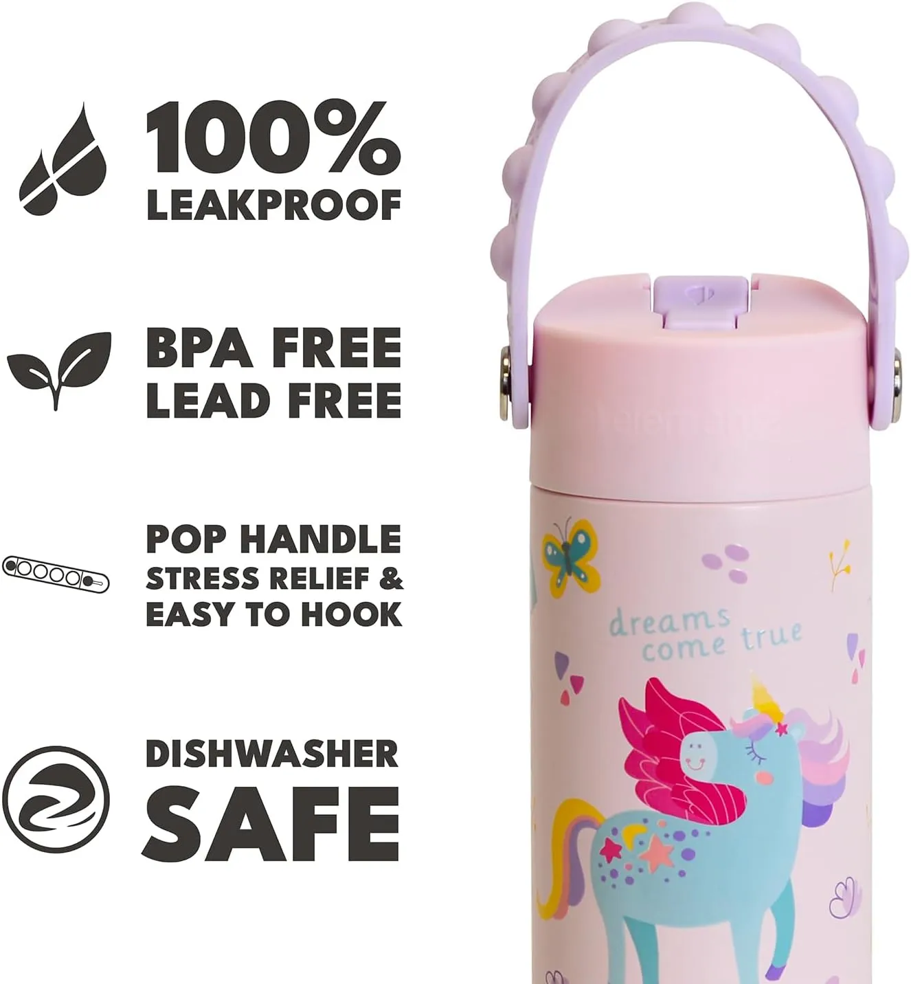 Elemental 100% Leak Proof When Spout is Closed Insulated Kids Water Bottle, Stainless Steel Bottle for School with Straw Lid & Pop-It Handle, for Travel and Sports, 18oz - Unicorn Rainbow
