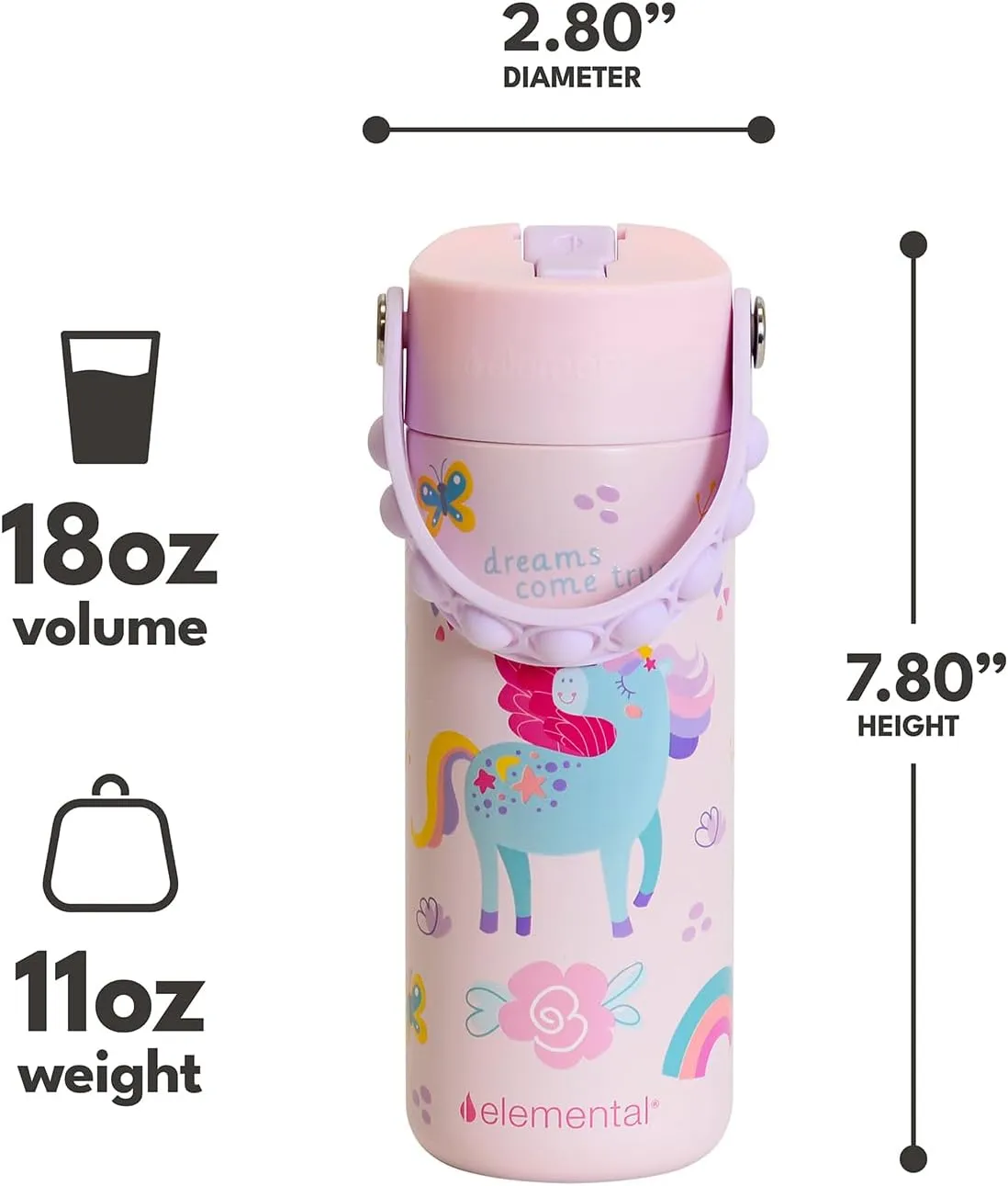 Elemental 100% Leak Proof When Spout is Closed Insulated Kids Water Bottle, Stainless Steel Bottle for School with Straw Lid & Pop-It Handle, for Travel and Sports, 18oz - Unicorn Rainbow