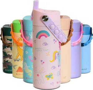 Elemental 100% Leak Proof When Spout is Closed Insulated Kids Water Bottle, Stainless Steel Bottle for School with Straw Lid & Pop-It Handle, for Travel and Sports, 18oz - Unicorn Rainbow