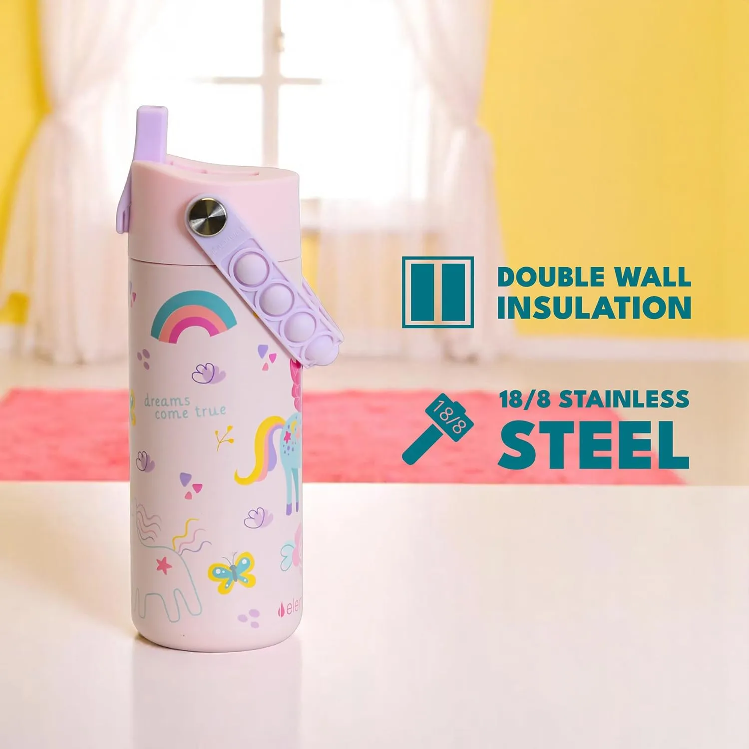Elemental 100% Leak Proof When Spout is Closed Insulated Kids Water Bottle, Stainless Steel Bottle for School with Straw Lid & Pop-It Handle, for Travel and Sports, 18oz - Unicorn Rainbow
