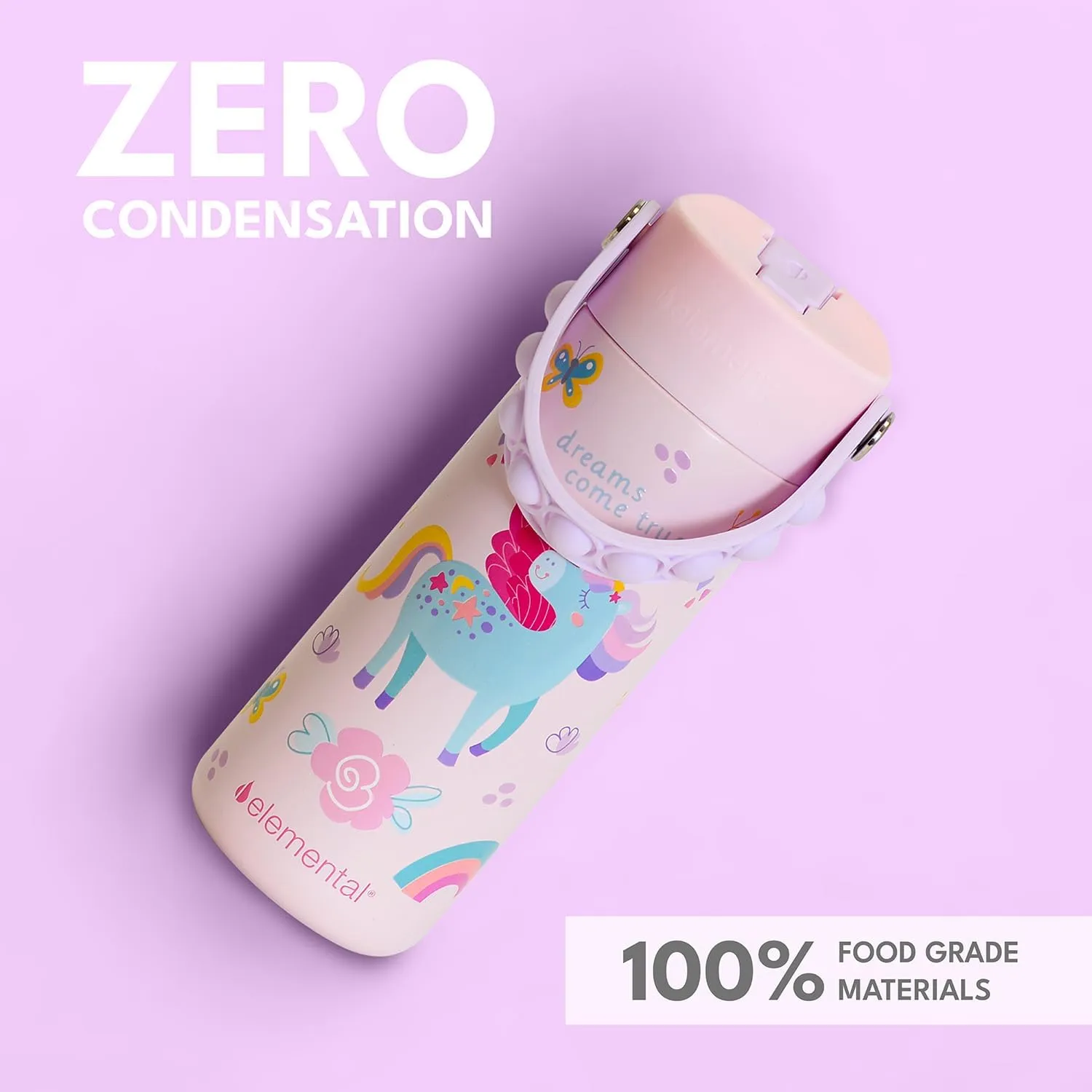Elemental 100% Leak Proof When Spout is Closed Insulated Kids Water Bottle, Stainless Steel Bottle for School with Straw Lid & Pop-It Handle, for Travel and Sports, 18oz - Unicorn Rainbow