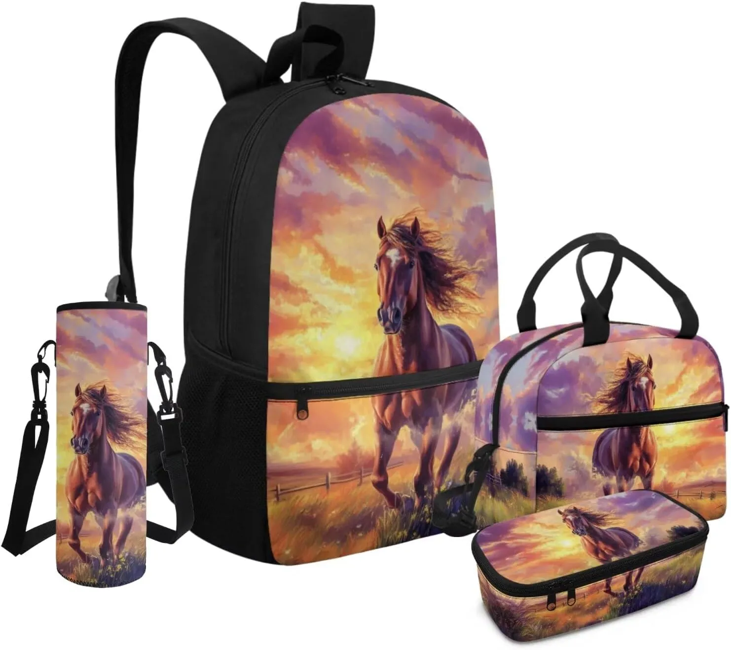 Elementary Girls Backpack Set 17 Inch Horse Bookbag and Lunch Box for Ages 8-10 Lightweight 3rd Grade School Bag with Water Bottle Holder
