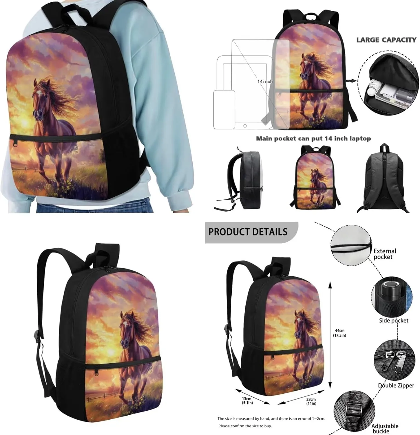 Elementary Girls Backpack Set 17 Inch Horse Bookbag and Lunch Box for Ages 8-10 Lightweight 3rd Grade School Bag with Water Bottle Holder