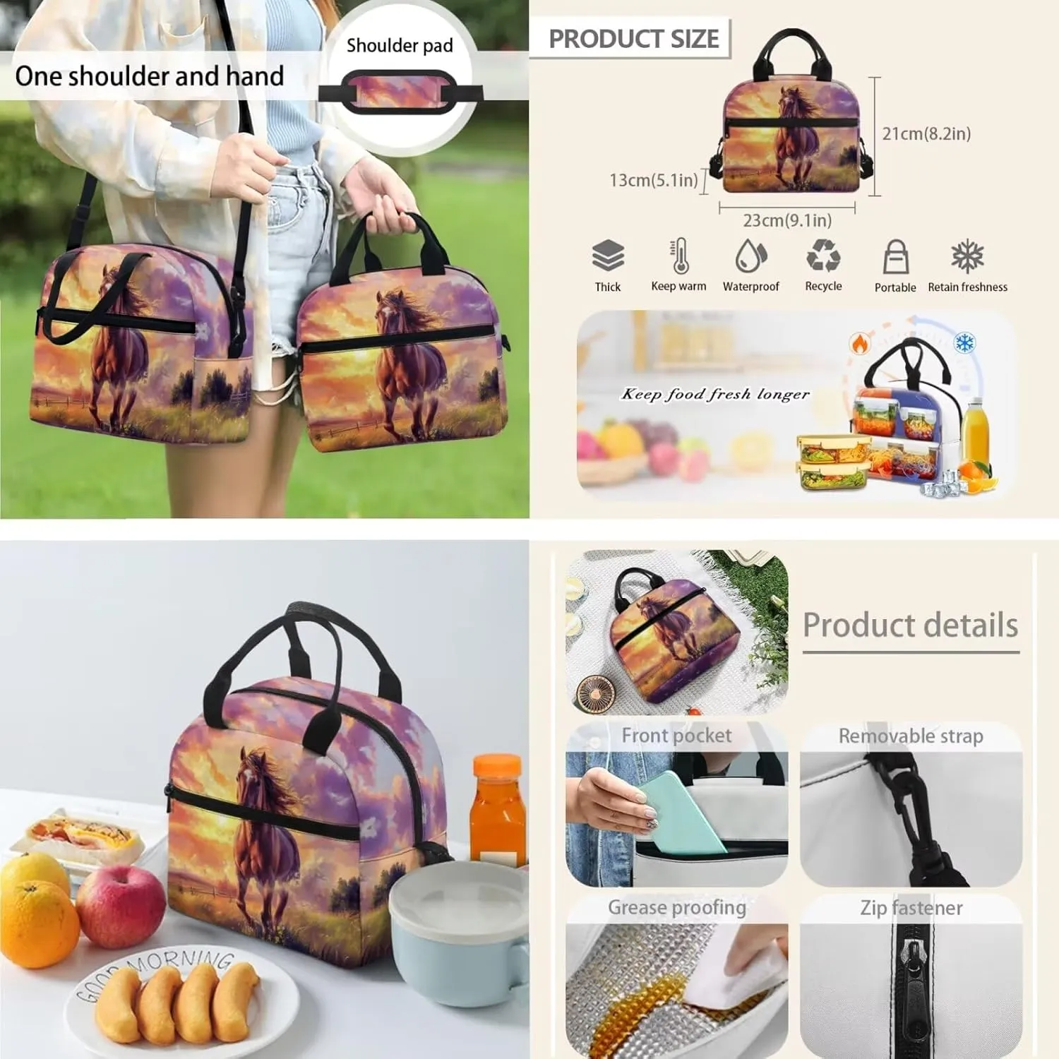 Elementary Girls Backpack Set 17 Inch Horse Bookbag and Lunch Box for Ages 8-10 Lightweight 3rd Grade School Bag with Water Bottle Holder