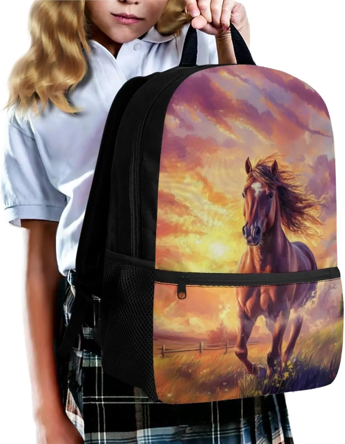 Elementary Girls Backpack Set 17 Inch Horse Bookbag and Lunch Box for Ages 8-10 Lightweight 3rd Grade School Bag with Water Bottle Holder