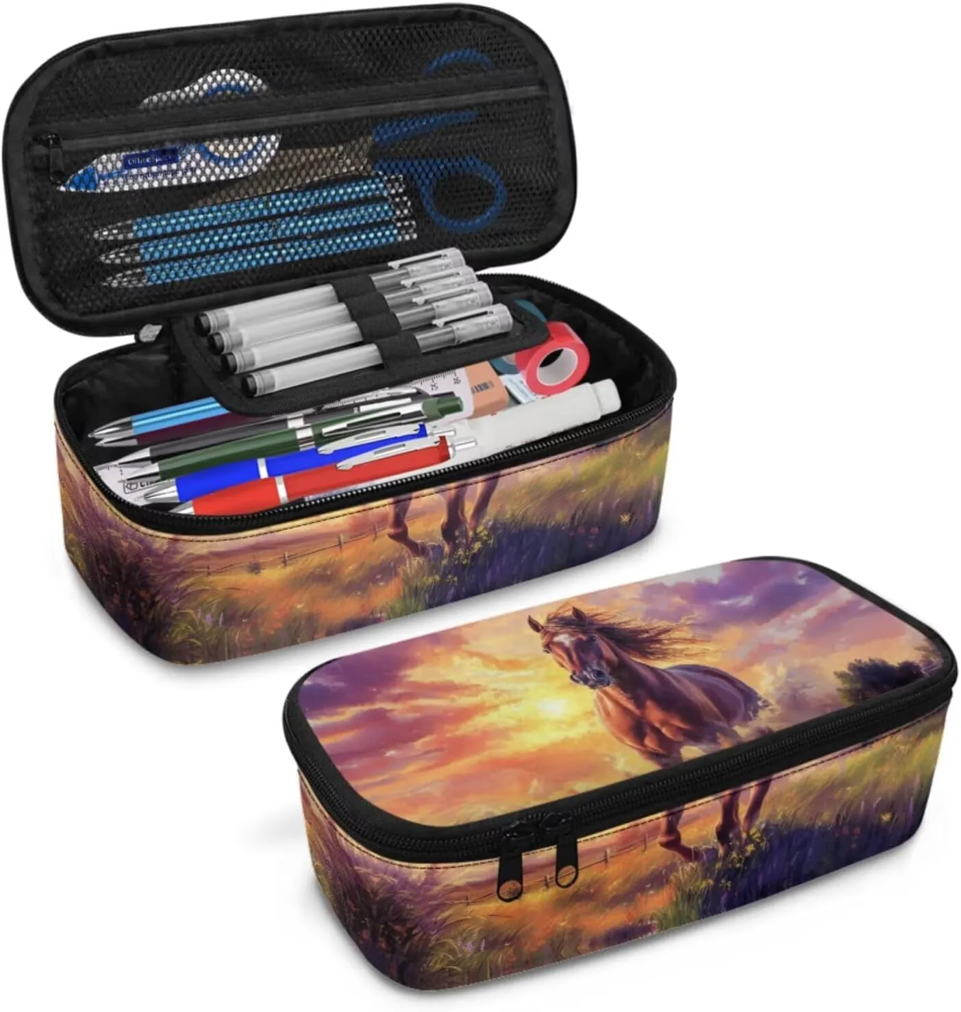 Elementary Girls Backpack Set 17 Inch Horse Bookbag and Lunch Box for Ages 8-10 Lightweight 3rd Grade School Bag with Water Bottle Holder